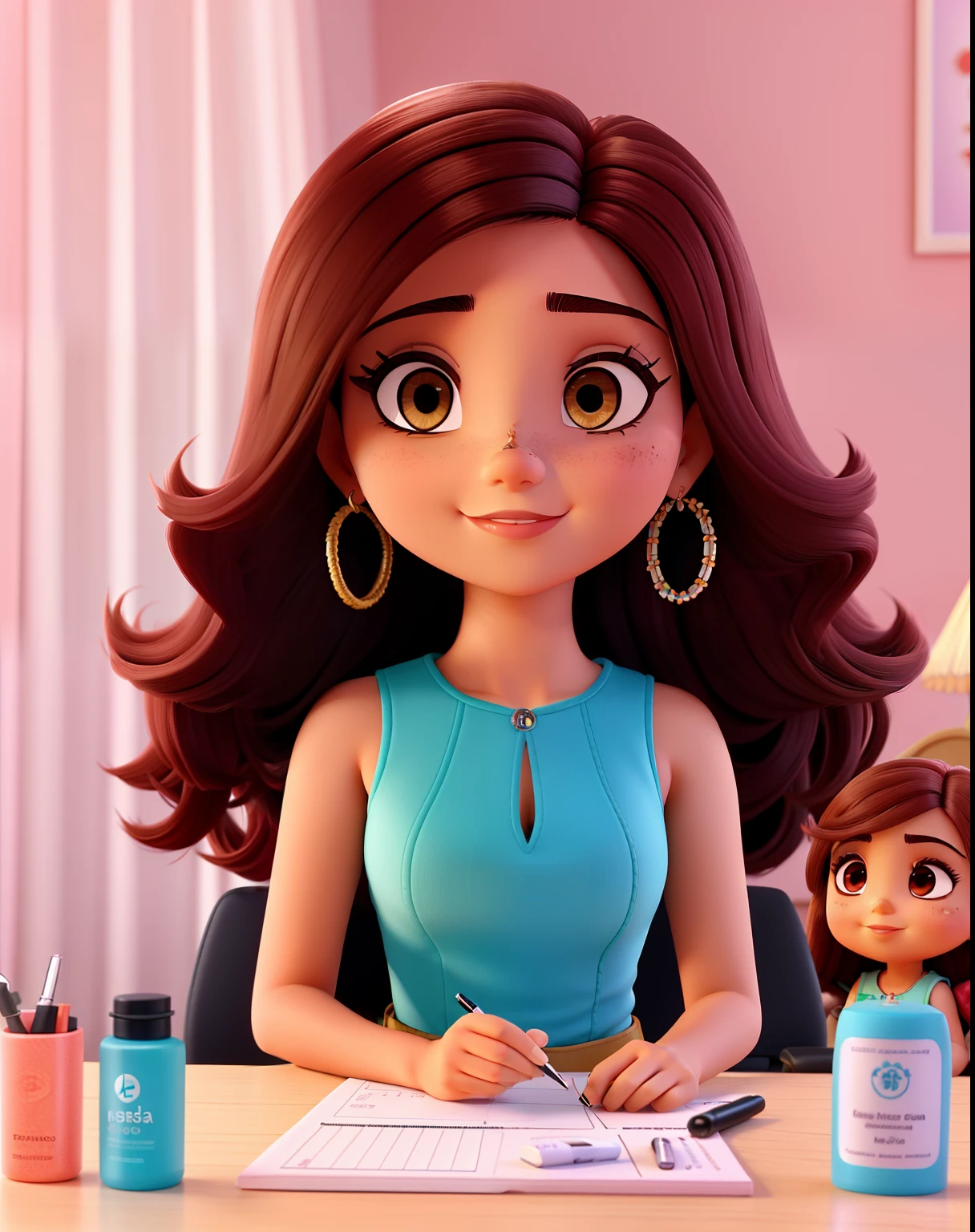 foto extremamente detalhada de uma mulher, morena pela clara olhos escuros com cabelo nos ombros com baby liss, empreendedora esteticista, performs eyelash extensions, Eyebrows Skin Cleansing has a daughter girl and a husband who is her partner