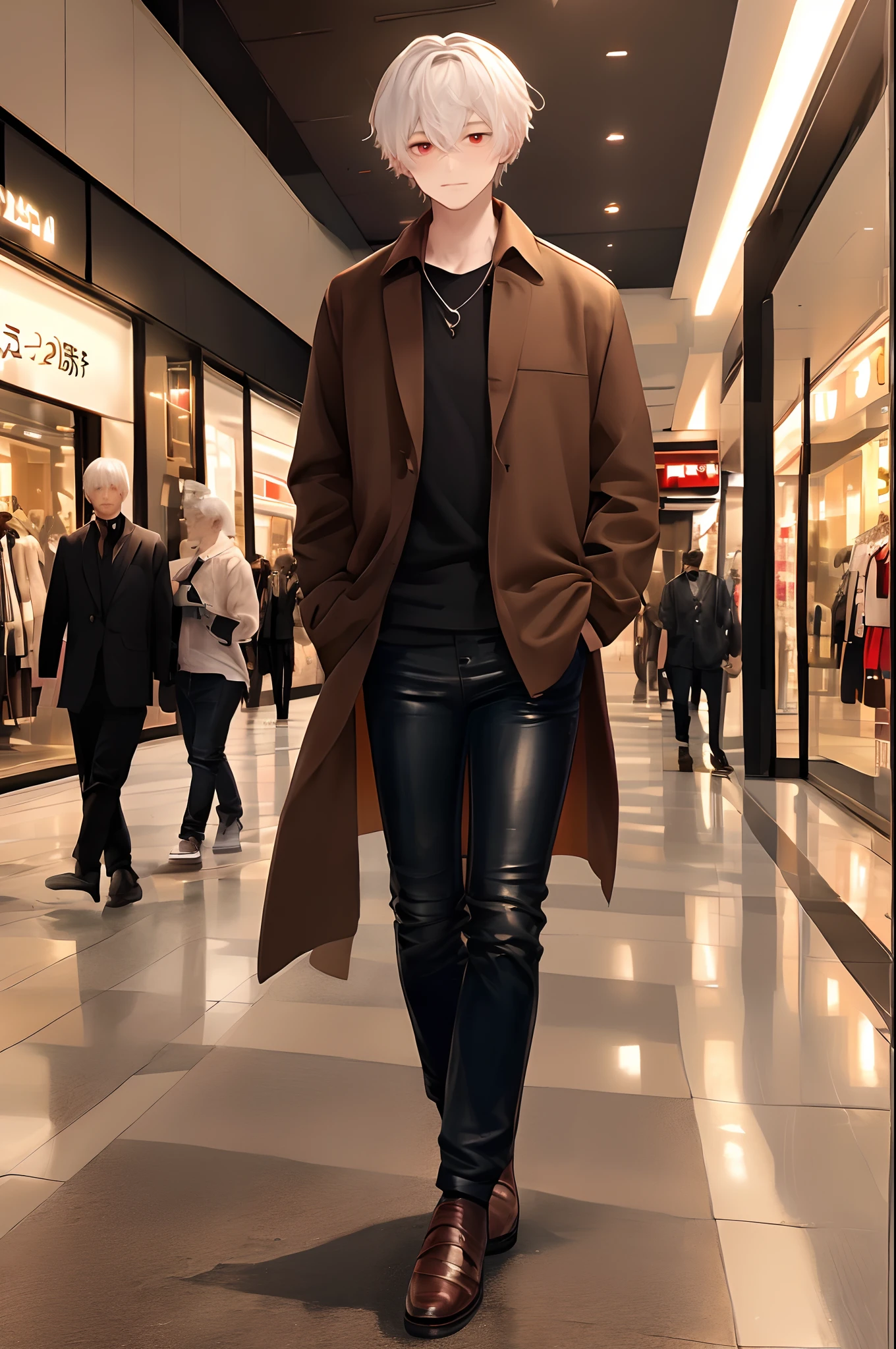 (4K works))、masterpiece、(top-quality)、((shopping mall))、Korean Male、Adult male、((Adult 50 years old))、((Adult uncle type))、((Leather Jeans Style))、((Face similar to Hyunjin))、Cool Men、tall、((Gentle face))、((Cool werewolf fashion in black))、((Long sleeve long trouser style))、((Smaller face))、Slim body、((Uncle))、((white hair))、((white short-haired))、((Red Eyes))、((shot from front))、((Shot alone))、((Solo Photography))、Professional Photos、((Reach out to your audience))、((He walks in front of the viewer))、((dad bod))、