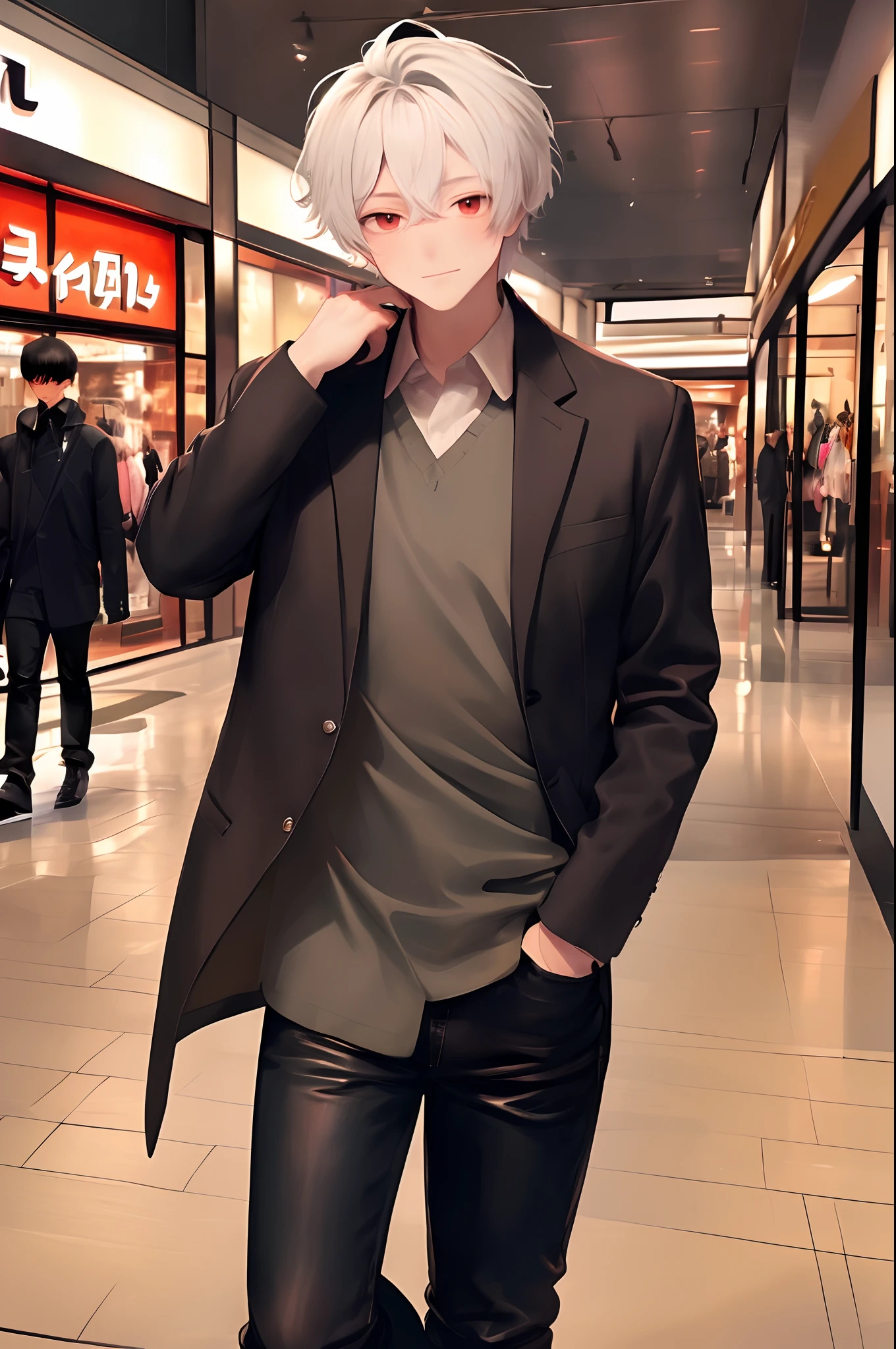 (4K works))、masterpiece、(top-quality)、((shopping mall))、Korean Male、Adult male、((Adult 50 years old))、((Adult uncle type))、((Leather Jeans Style))、((Face similar to Hyunjin))、Cool Men、tall、((Gentle face))、((Cool werewolf fashion in black))、((Long sleeve long trouser style))、((Smaller face))、Slim body、((Uncle))、((white hair))、((white short-haired))、((Red Eyes))、((shot from front))、((Shot alone))、((Solo Photography))、Professional Photos、((Reach out to your audience))、((He walks in front of the viewer))、((dad bod))、