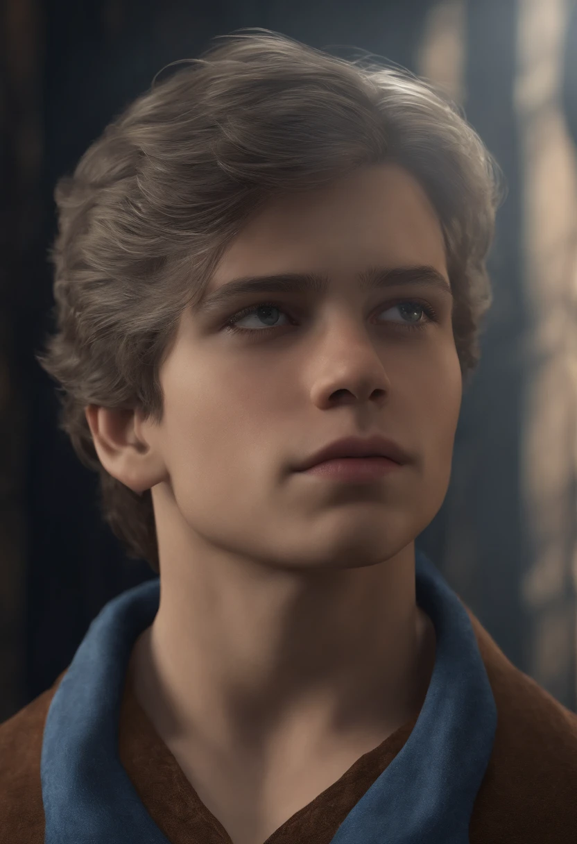 (best quality,Altas:1.2),ultra-detalhado,Realistic:1.37,retrato,cabelos escuros,menino bonito,camisa azul,Gray neck fastened with a brown ring,Have autism badges.