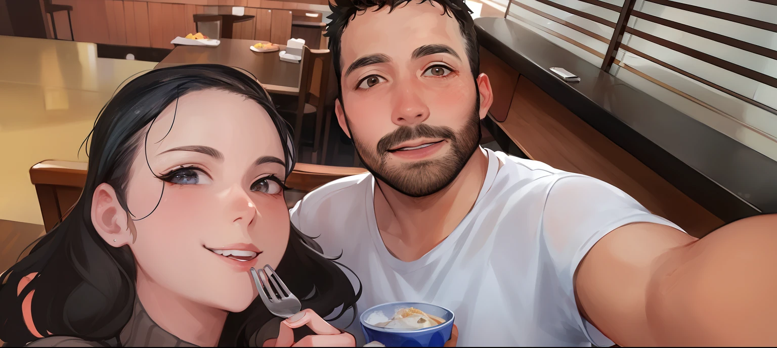 um casal tirando uma selfie, 30-year-old woman with a fork in her hand; homem de 36 anos segurando para tirar selfie; em um restaurante