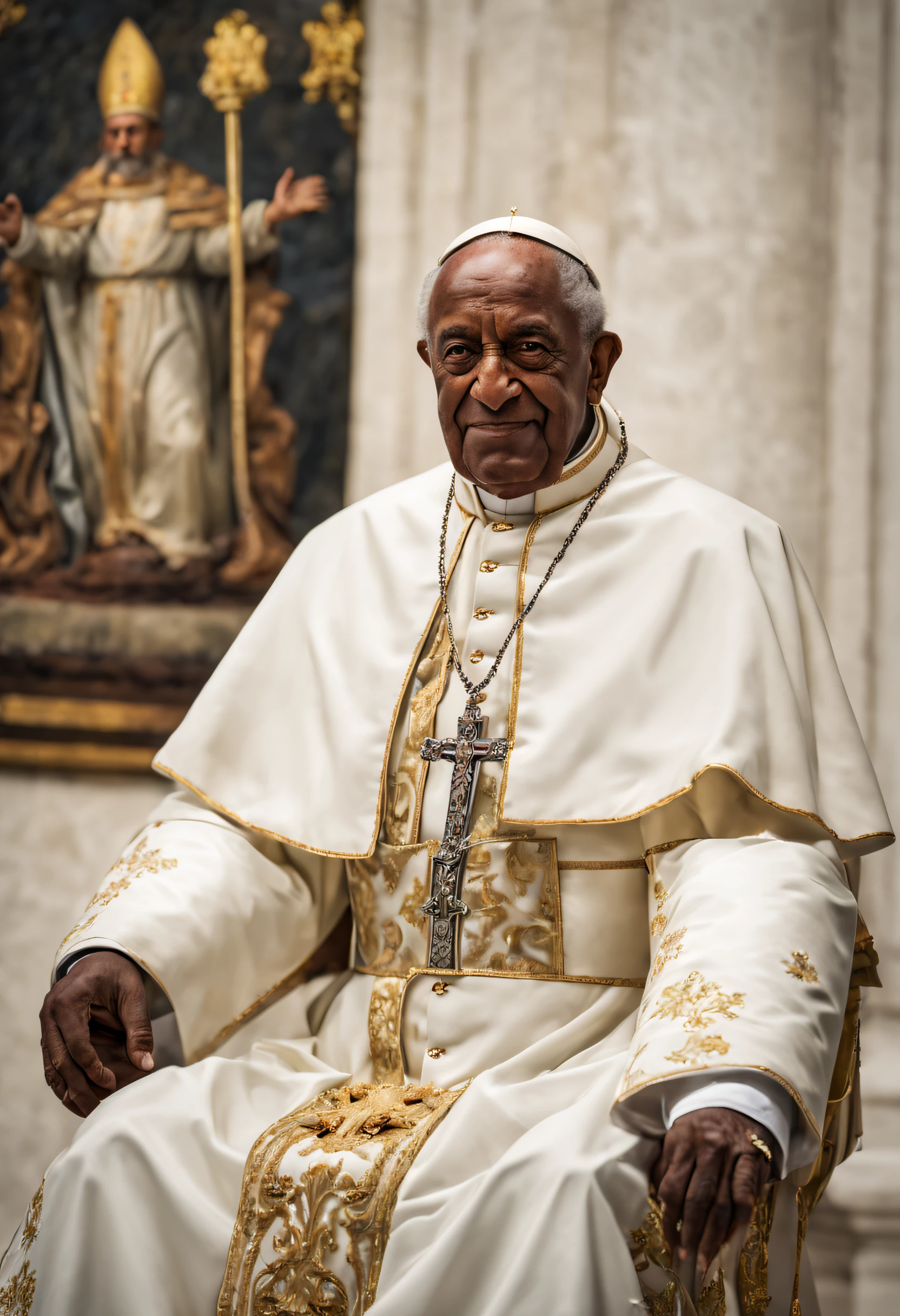 Papa Paulo IV Rosto fino realista, homem de pele negra, tranquil expression, cabelos negros pretos escuros, sem barba, olhar sereno, with the papal tiara on her head, alta resolução, detalhes perfeitos, olhos e rosto detalhados, Standing em uma cidade antiga