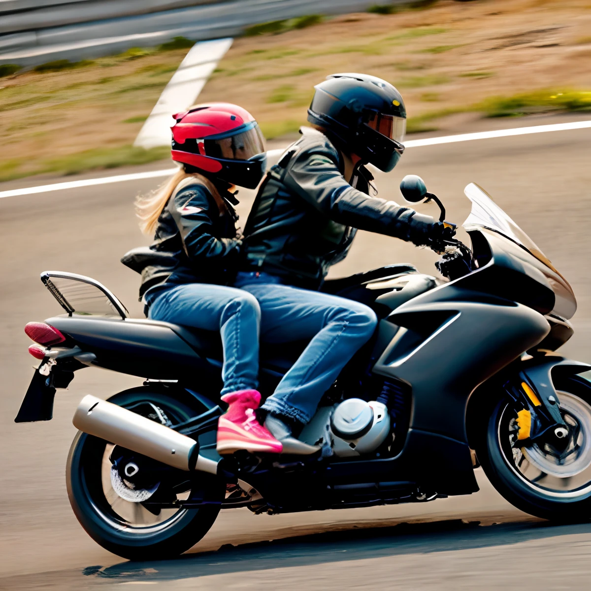Menino pilotando moto e menina loira de cabelos compridos na garupa da moto, smoke background, cidade, menino e menina de capacete.