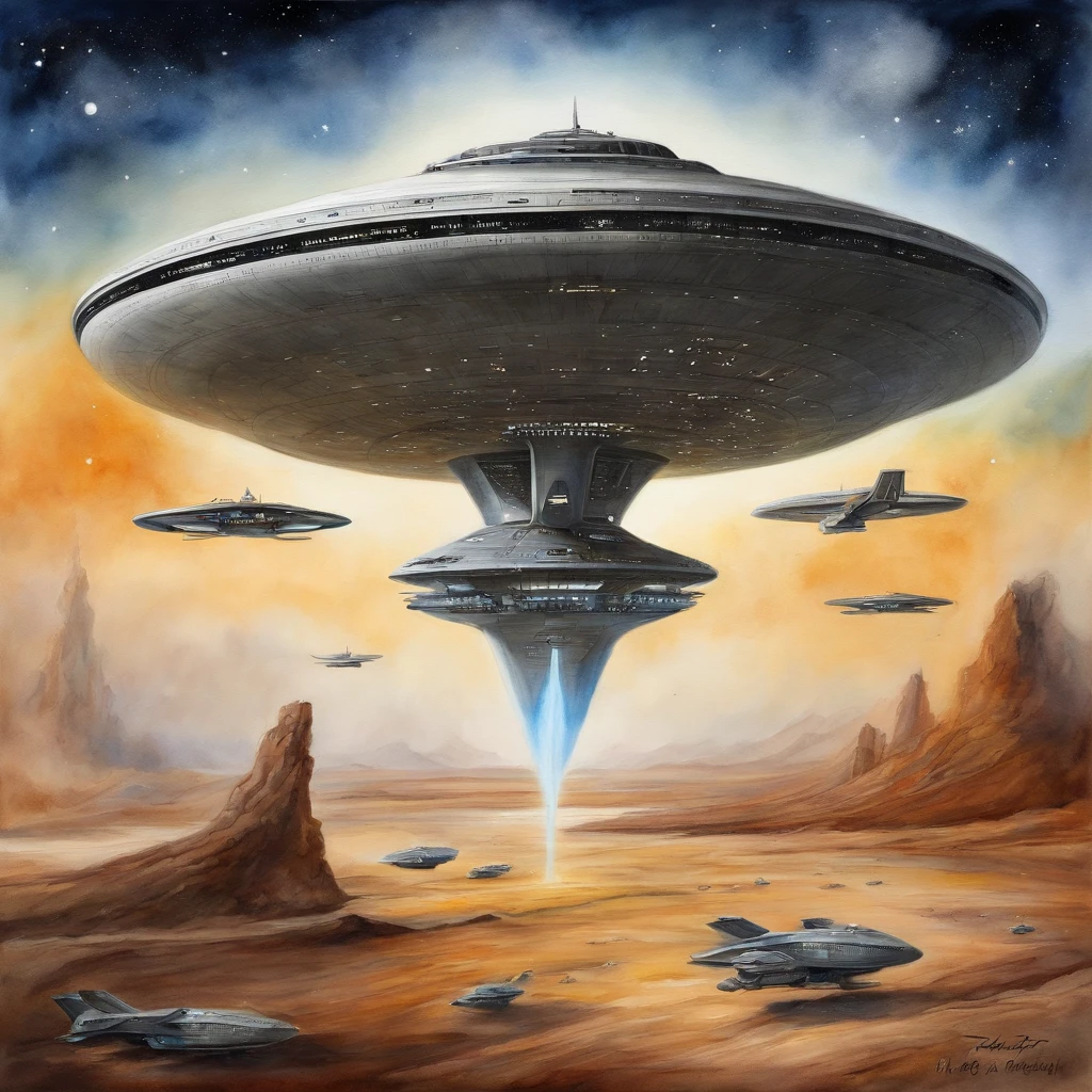 USS enterprise NCC-1701 dando a volta no planeta terra, oil-painting, highes definition。