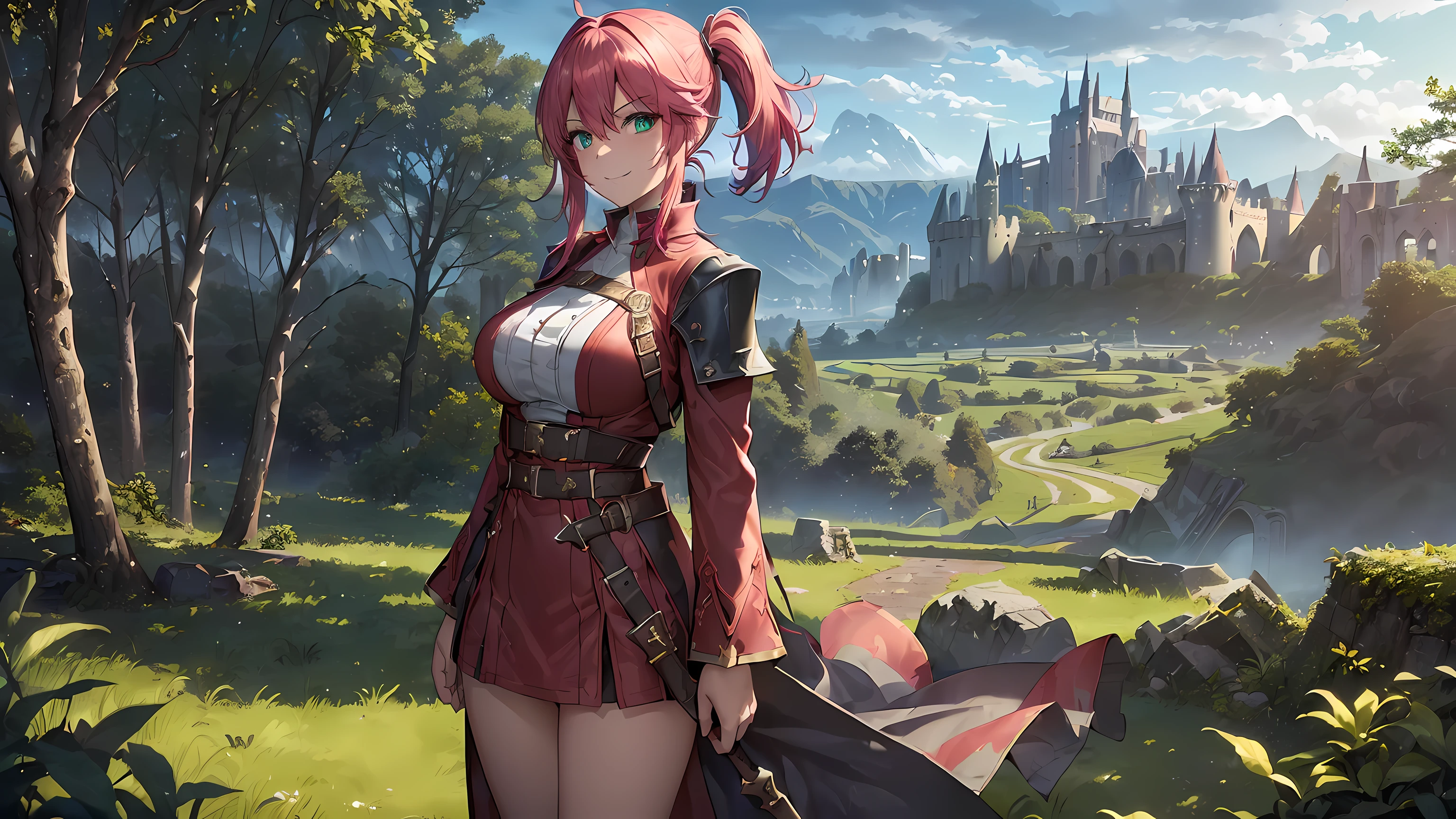 masterpiece, 1girl ((20year old, dressed in a red MAGE outfit, medium breasts, boots, multicolor pink hair, twin ponytails, perfect model body:1.3, detailed green eyes:1.5, flirting, happy, big smile, looking toward viewer, cosplay as a sexy Mage, standing in a forest:1.2, with ruined castles in the background:1.3, ominous and dangerous atmosphere:1.2)) ((solo:1.6)) ((evening time)) ((loose close up camera shot))