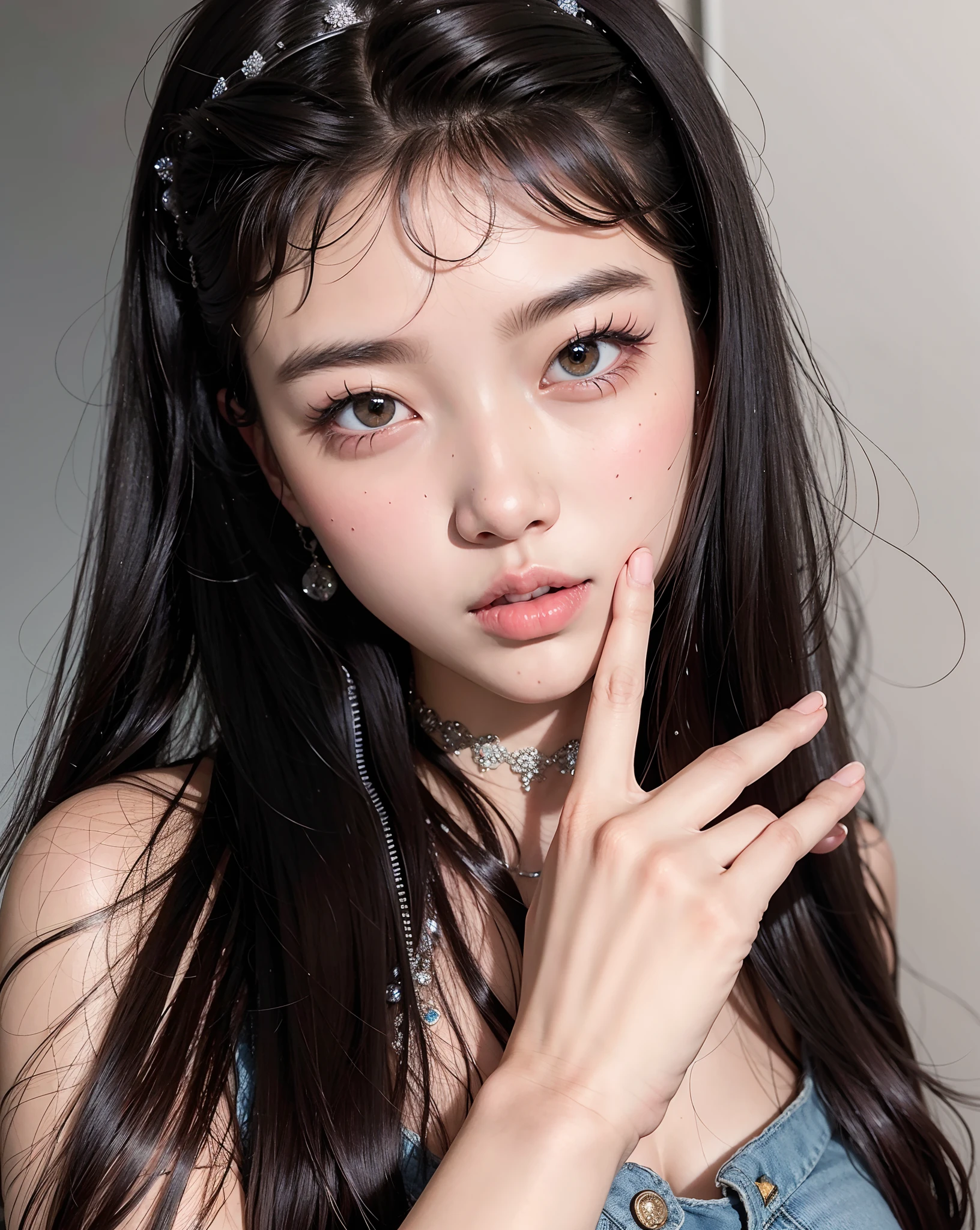 a close up of a woman with long hair and a necklace, Shin Jinying, ulzzangs, jaeyeon nam, park jimin, Choi Hyun-hwa, Korean girl, wan adorable korean face, Young and cute asian face, Kim Tae-joon, xision wu, Lee Ji-eun, lee ji eun, gongbi, chiho,