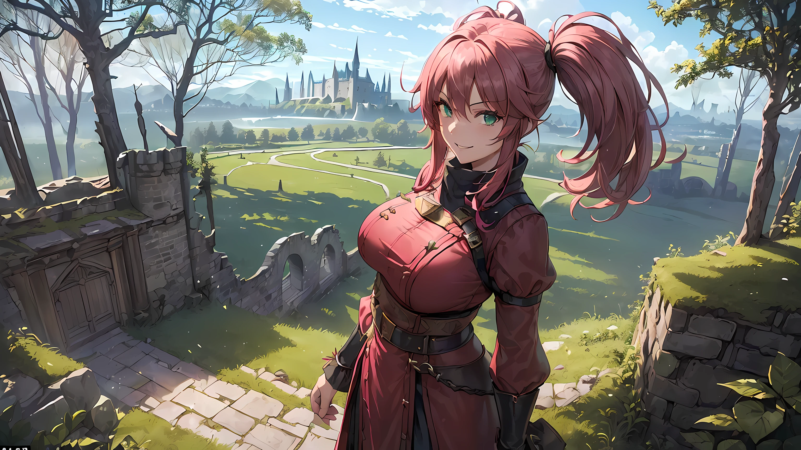 masterpiece, 1girl ((20year old, dressed in a red MAGE outfit, medium breasts, boots, multicolor pink hair, twin ponytails, perfect model body:1.3, detailed green eyes:1.5, flirting, happy, big smile, looking toward viewer, cosplay as a sexy Mage, standing in a forest:1.2, with ruined castles in the background:1.3, ominous and dangerous atmosphere:1.2)) ((solo:1.6)) ((evening time)) ((loose close up camera shot))