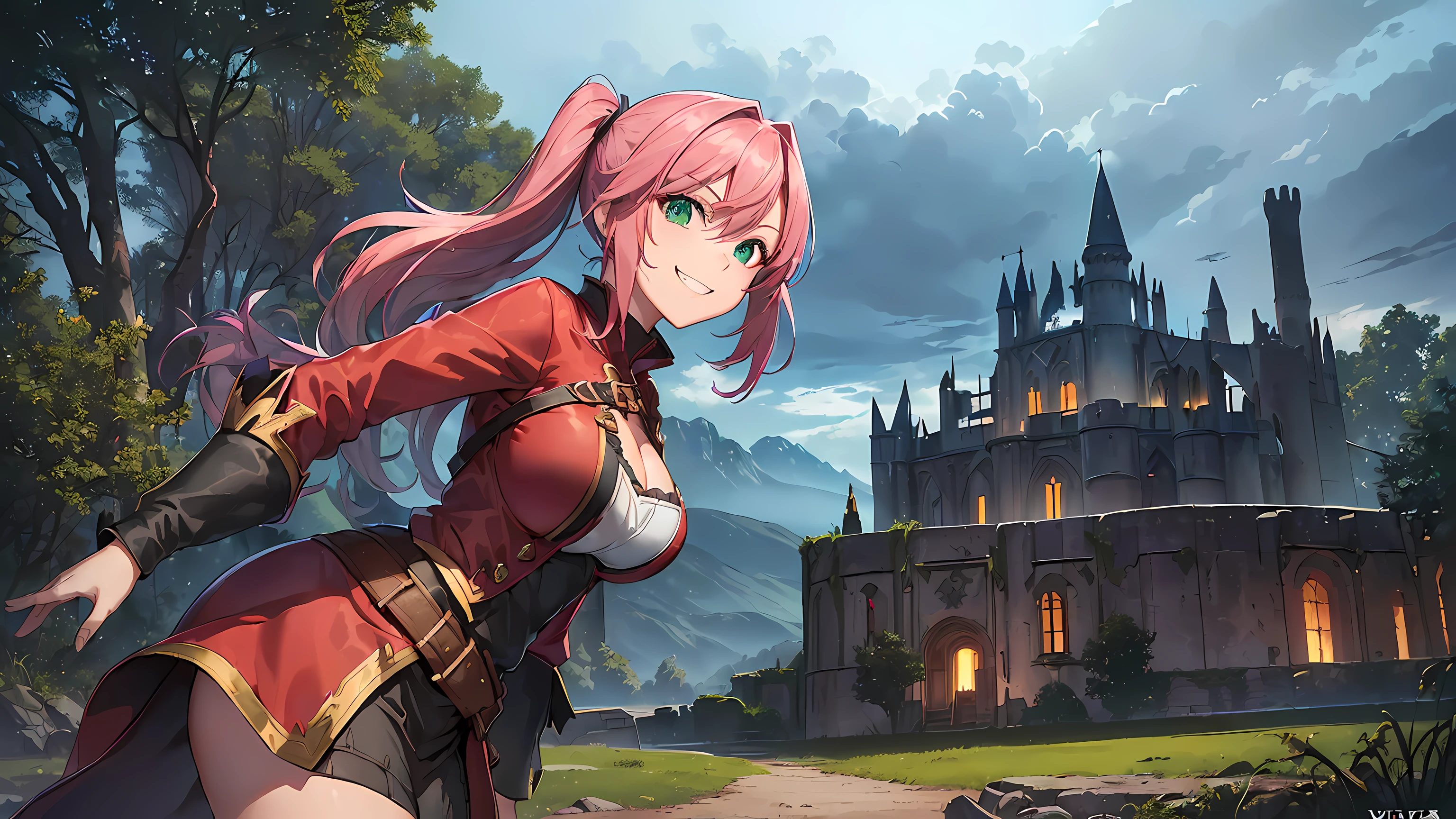 ​masterpiece, 1girl ((20year old, dressed in a red MAGE outfit, medium breasts, boots, multicolor pink hair, twin ponytails, perfect model body:1.3, detailed green eyes:1.5, flirting, happy, big smile, looking toward viewer, cosplay as a sexy Mage, standing in a forest:1.2, with ruined castles in the background:1.3, ominous and dangerous atmosphere:1.2)) ((solo:1.6)) ((evening time)) ((loose close up camera shot))