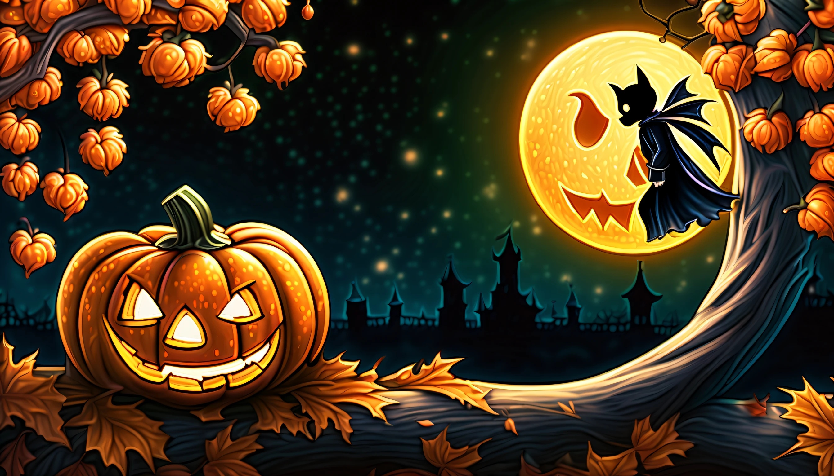 (((jack o lantern phantom fell in love with the crescent moon:1.3))), fantasy happy Halloween illustration, collaboration of cherry blossoms and maple, (((sad feeling atmosphere:1.3))), (painful wish:1.3), breathtaking extremely detail oil painting, (((fairy tale crayon picture background detail:1.3))), ((use of various techniques:1.1)), (((radiosity rendered in stunning 32k resolution:1.3))), highest quality, highly quality,