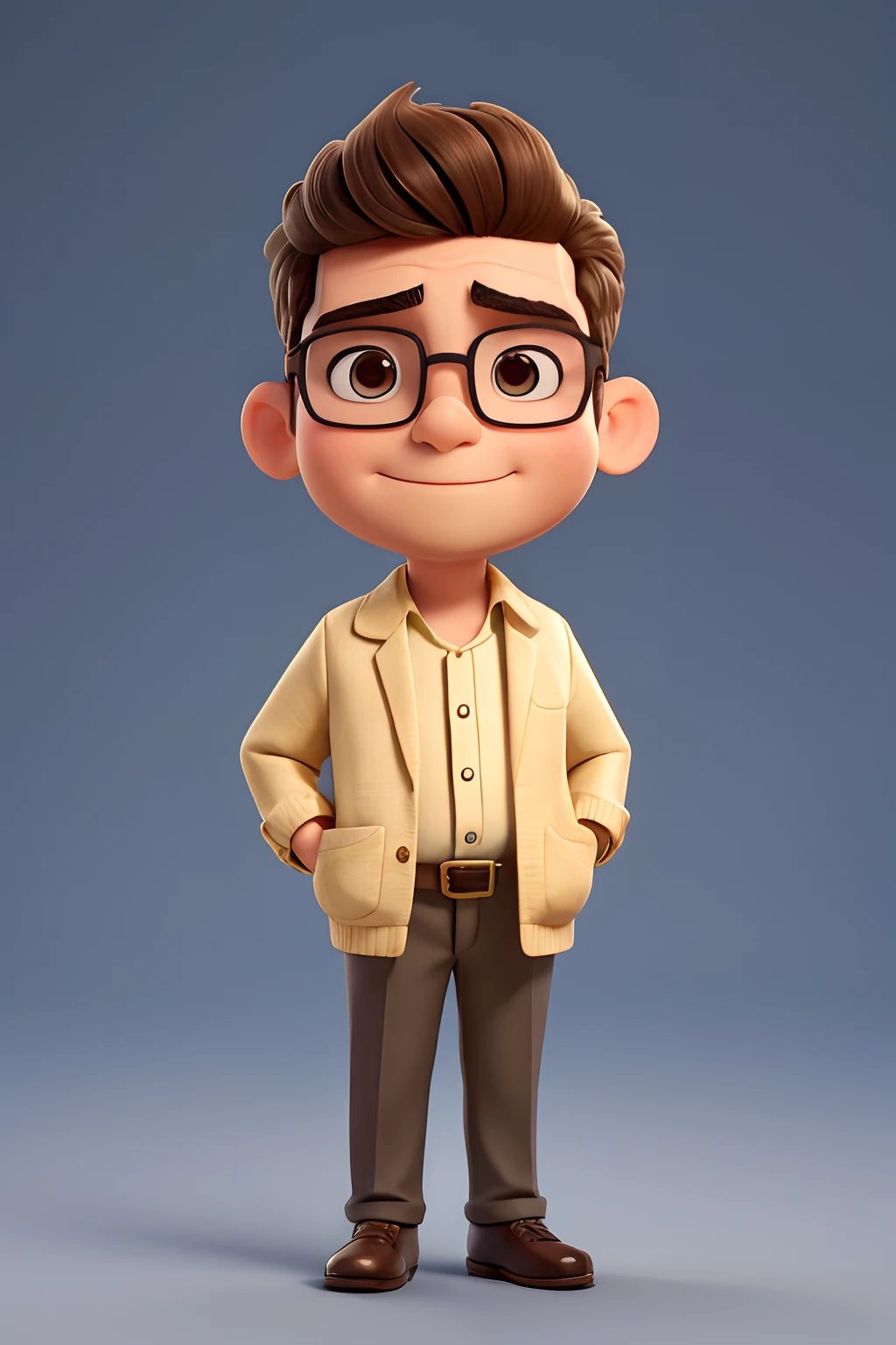 bonito pequeno historiador masculino 38 anos de idade, huge head, cebelos curto, wearing thin-framed glasses of round gold, olhos altamente detalhados , whole body view, figuras de brinqued