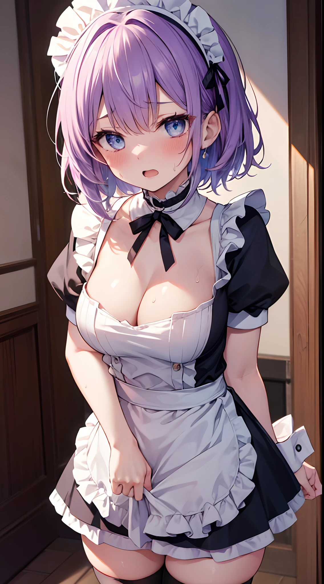 masterpiece, best quality, high resolution, extremely detailed, detailed background, cinematic lighting, dynamic angle, hoshizuki kaede, 1girl, purple hair, solo, breasts, looking at viewer, short hair, open mouth, blue eyes, cleavage, medium breasts, short sleeves, frills, choker, puffy sleeves, black thighhighs, puffy short sleeves, zettai ryouiki, wrist cuffs, maid, maid headdress, white apron, maid apron,  sweat, blush, embarrassed , heavy breathing , steaming body, aroused, nsfw