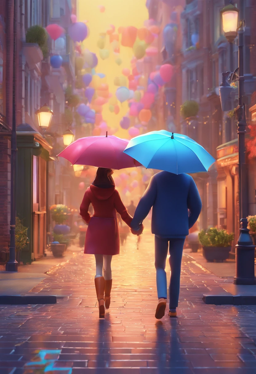 Cartoon of a couple strolling through the city hand in hand on a rainy day, 3D Animation Movie Poster, Poster de filme animado, pixar 3 d animation style, pixar renderman rendering, maia 8 mil, animated film, Disney Pixar Estilo 3D