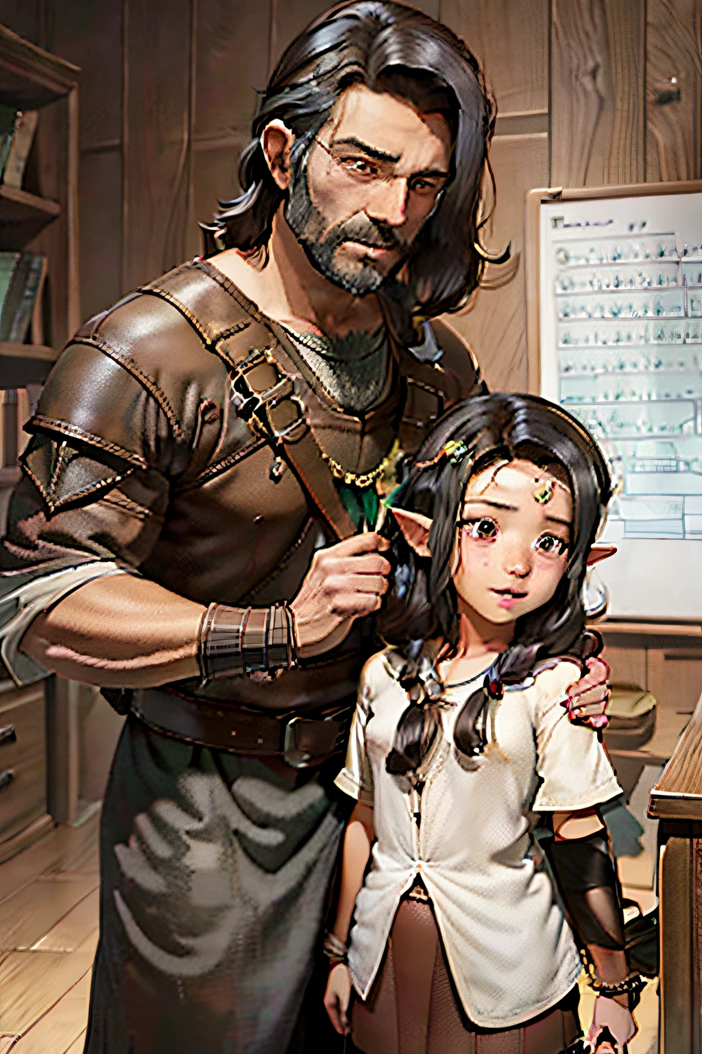 an adult brown human cleric,50 anos, pardo de barba e cabelos pretos encaracolados, teaching math to a 10-year-old black-haired elf girl in a joyous RPG world.