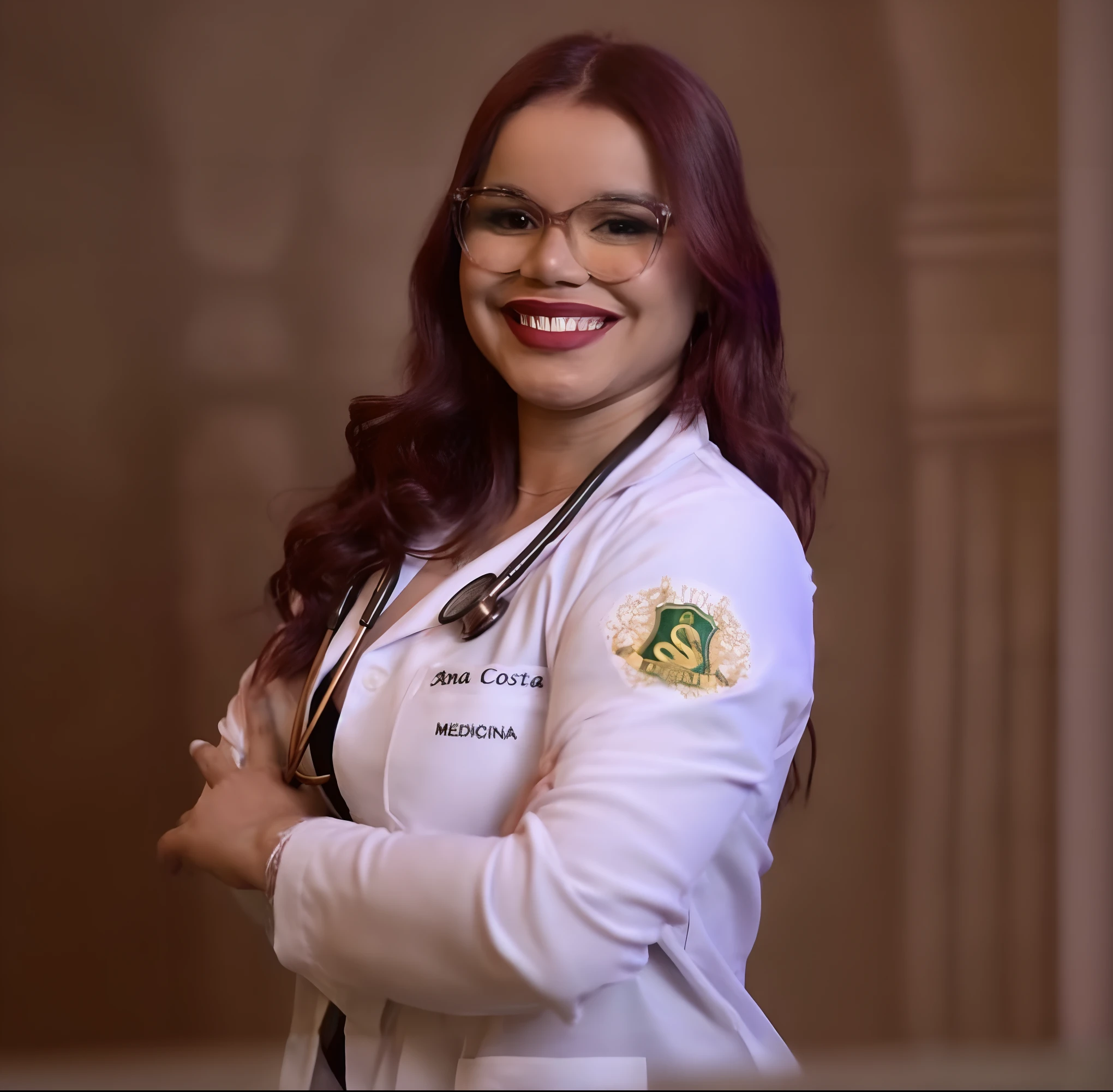 Smiling woman in lab white coat with stethoscope and glasses, imagem profissional, imagem de perfil, wearing lab coat and glasses, vestindo jaleco e blusa, Lorena Avarez, Directed by: Rhea Carmi, foto do perfil, medic, Alanis Guillen, Directed by: Meredith Dillman, imagem profissional, Roxie Vizcarra, Avental branco, medical photography, Directed by: Ric Estrada