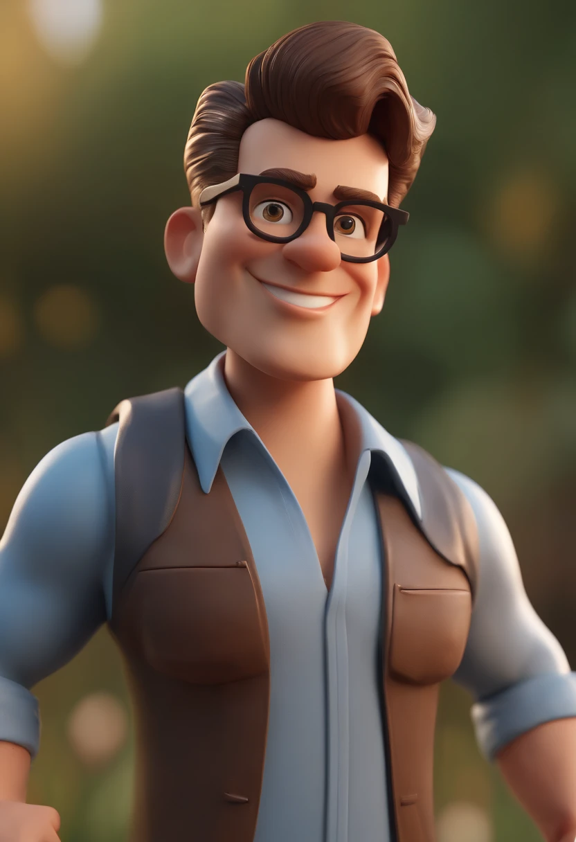 Cartoon character of a man with black glasses, cabelo cacheado marrom escuro e uma camisa azul, animation character, Caractere estilizado, animation style rendering, 3D estilizado, Arnold Maya render, 3 d render stylized, toon render keyshot, Personagem 3D, Personagem 3D, 3d rendering stylized, 3 d character render, personagem de desenho animado, Personagem de close up, Pose de personagem, (Estilo Pixar) (master part:1.2) (Bokeh) (best quality) (pele detalhada) (textura detalhada) (8k) (argila) (Cinematic lighting) (foco nítido