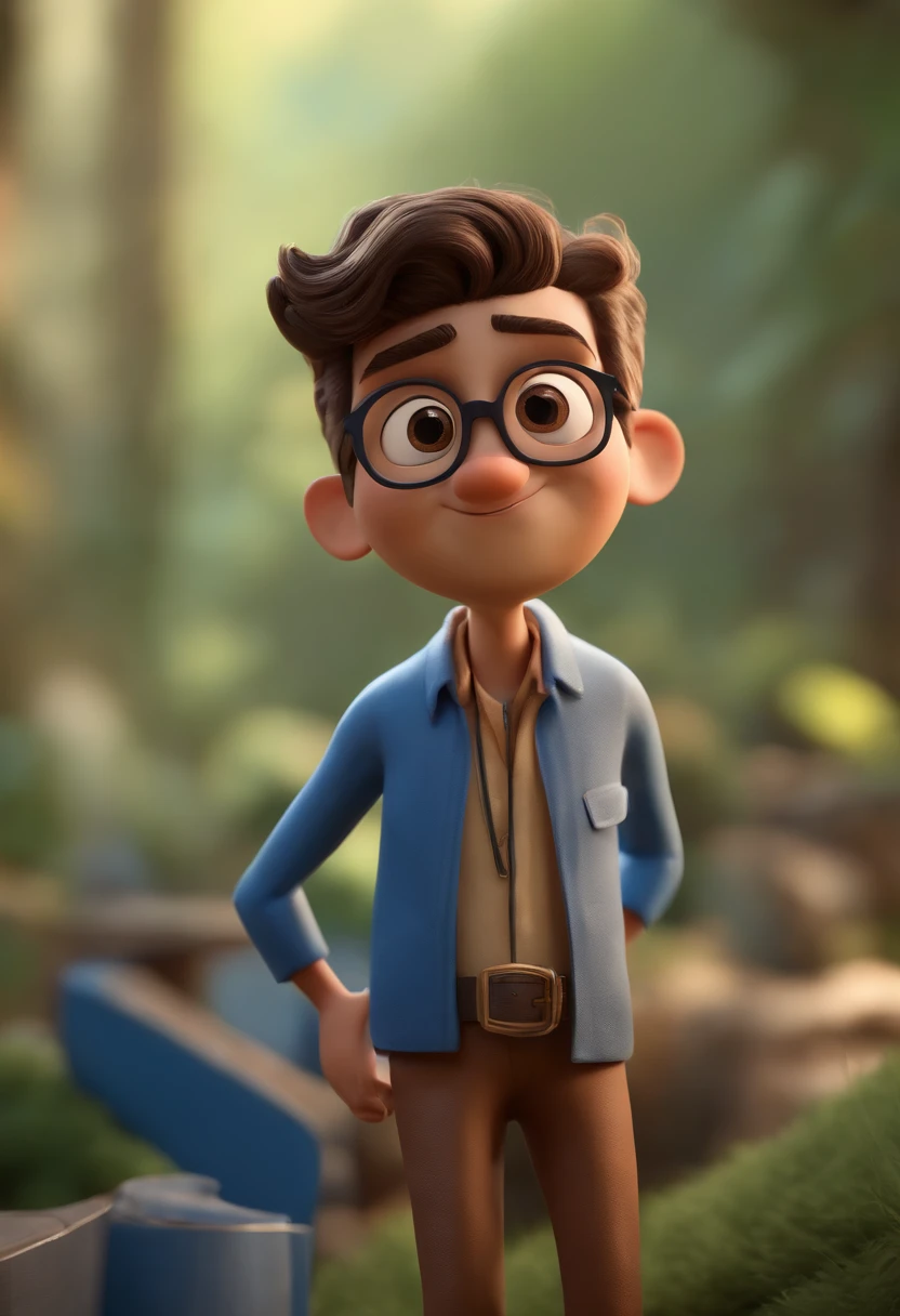 Cartoon character of a man with black glasses, cabelo cacheado marrom escuro e uma camisa azul, animation character, Caractere estilizado, animation style rendering, 3D estilizado, Arnold Maya render, 3 d render stylized, toon render keyshot, Personagem 3D, Personagem 3D, 3d rendering stylized, 3 d character render, personagem de desenho animado, Personagem de close up, Pose de personagem,  (Estilo Pixar) (master part:1.2) (Bokeh) (best quality) (pele detalhada) (textura detalhada) (8k) (argila) (Cinematic lighting) (foco nítido