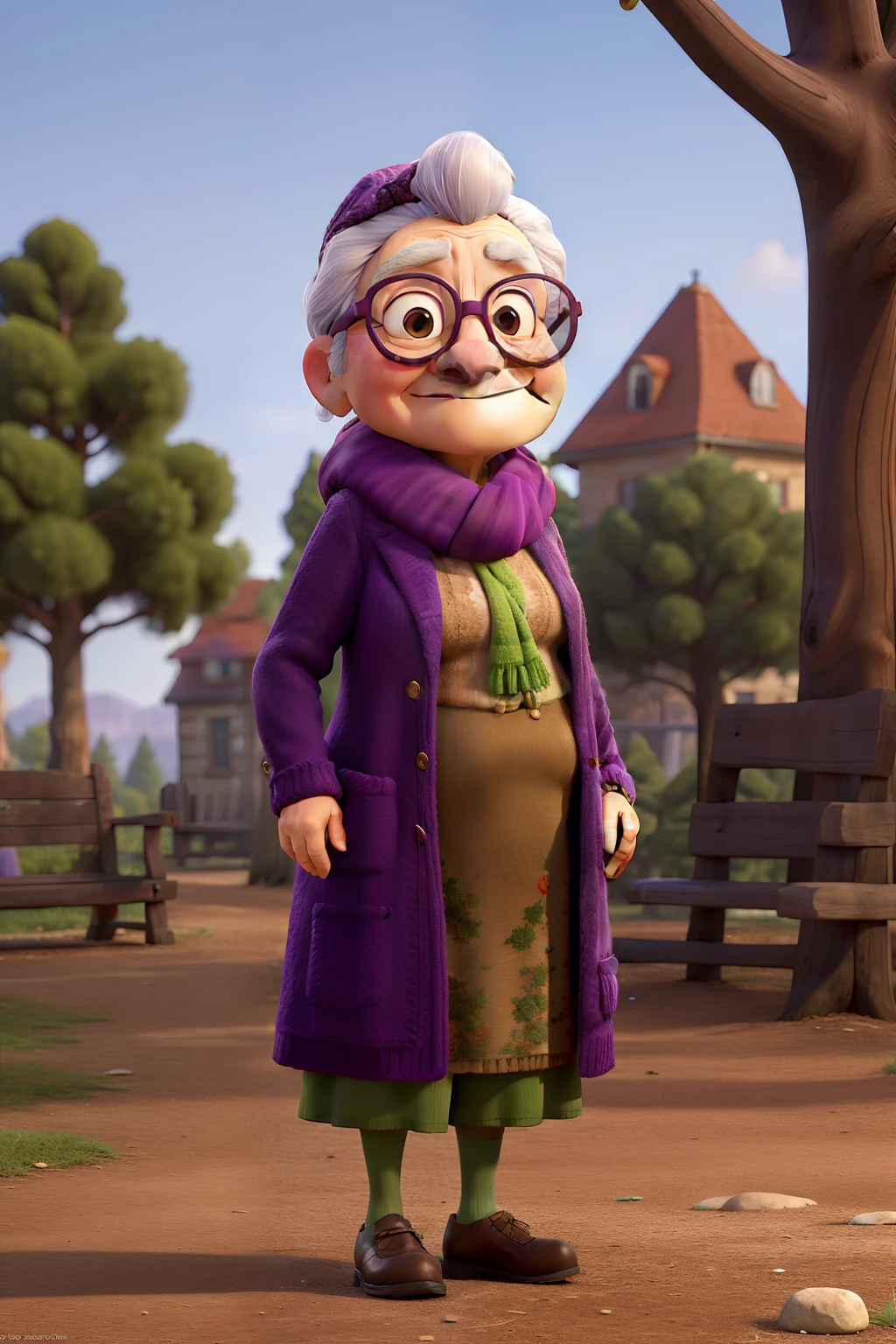 masterpiece, best quality, an old woman with glasses and a scarf on, wearing a purple coat and green scarf, standing at the park