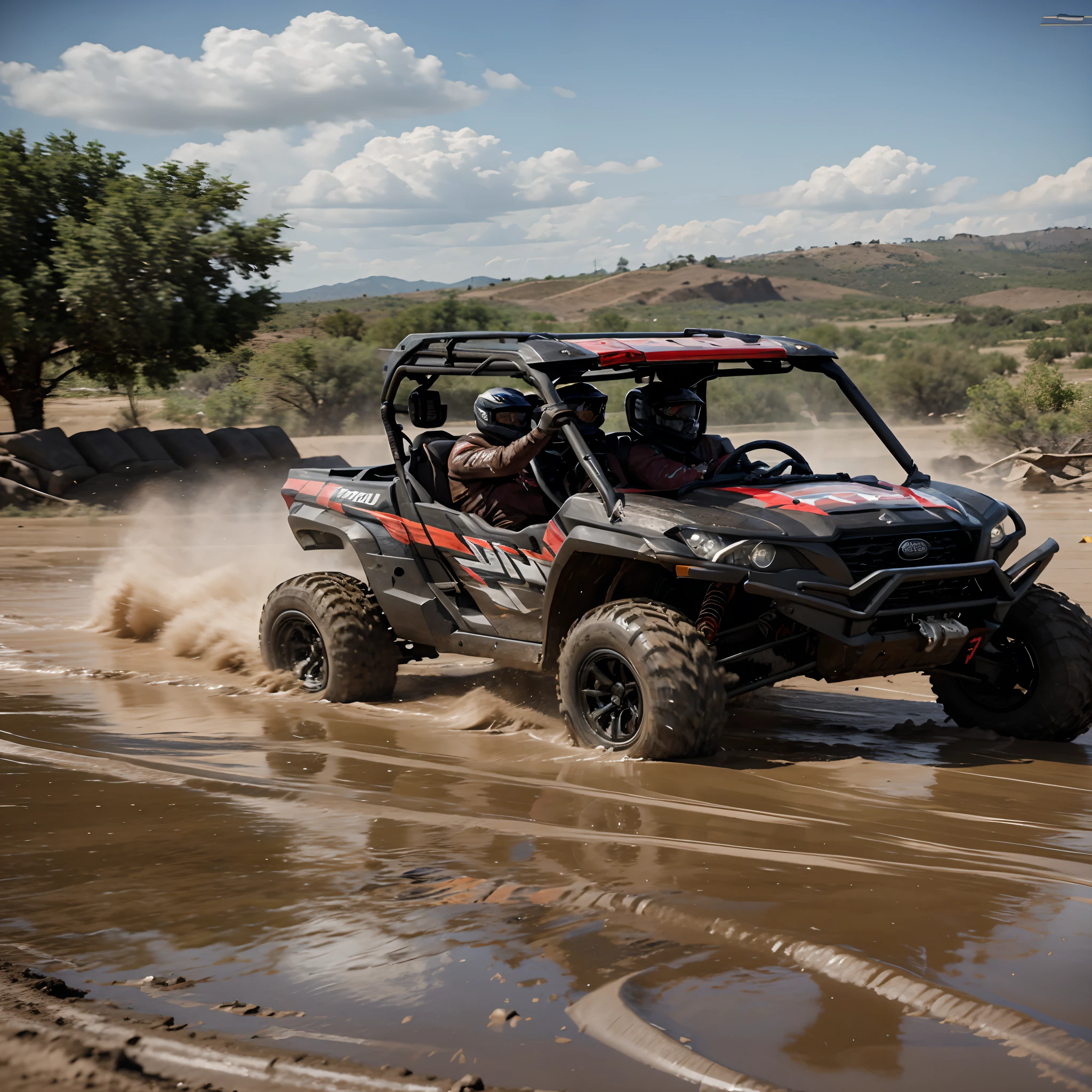 Realistic photo of a high-speed UTV vehicle race with mud flying near the vehicle's tire.  muita agua e lama