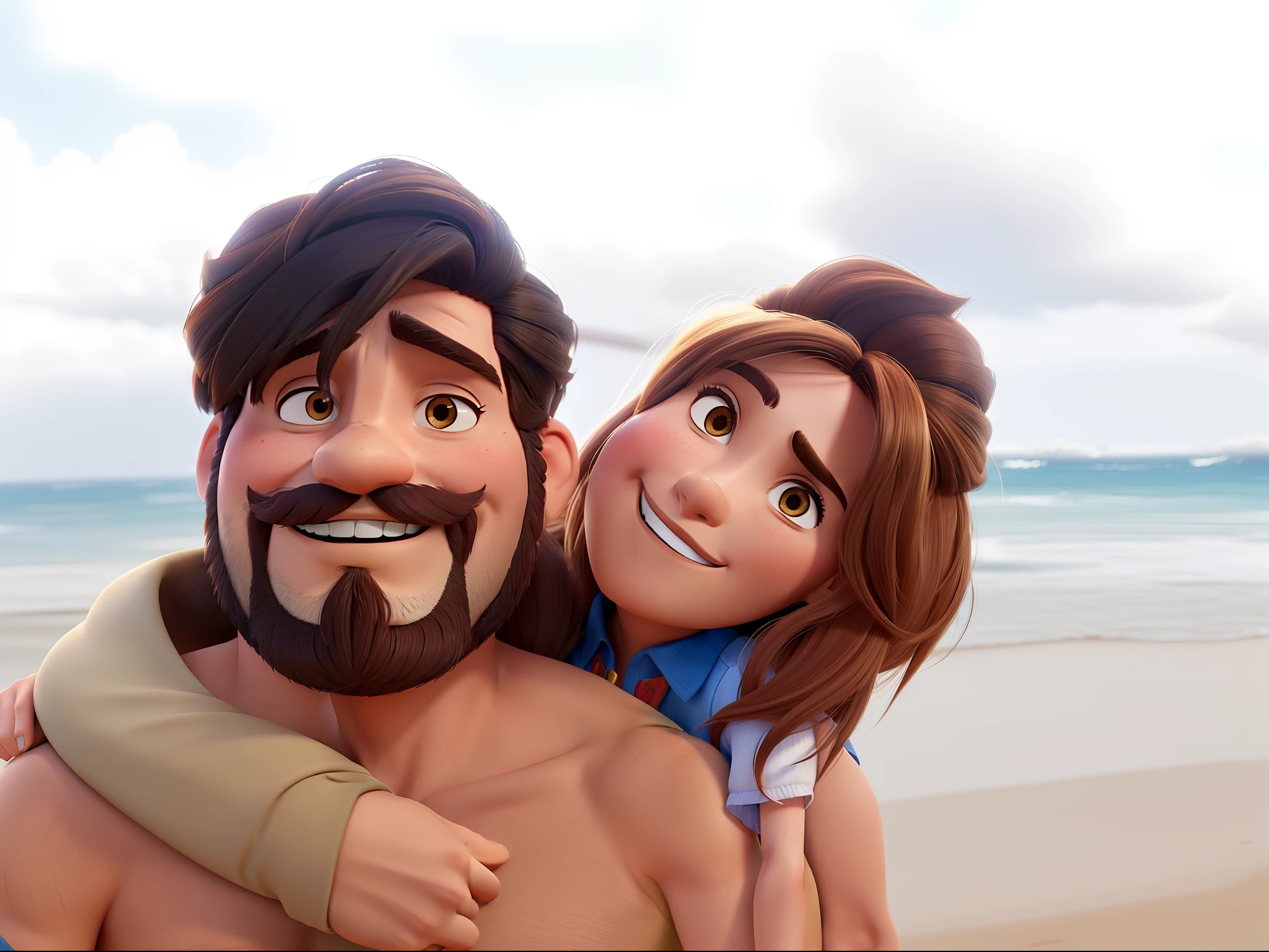 casal homem de barba e mulher morena de cabelos com mechas loiras no estilo Disney Pixar, alta qualidade, melhor qualidade