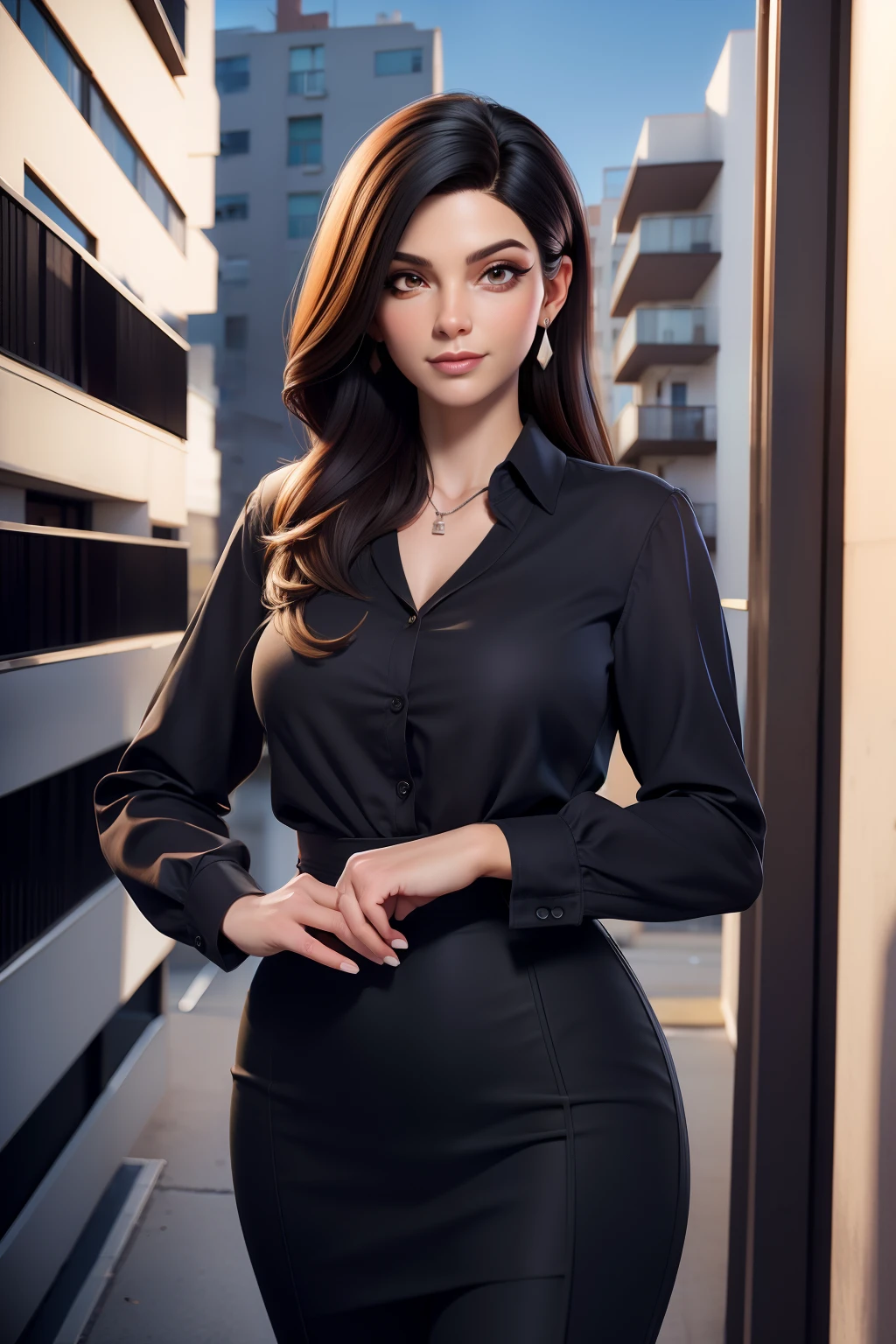 Real Estate Broker , mulher alta 40 anos, cabelo preto e longo. Wearing pants and a dress blouse. Background an apartment building. Sign Seeing Your Property