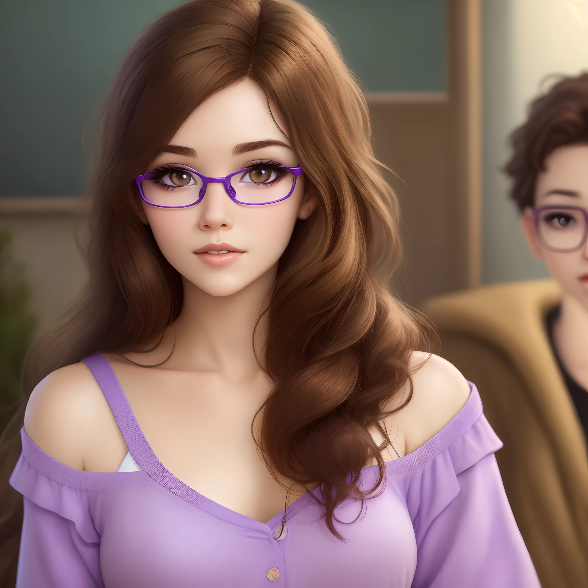 Estilo pixar: Brown-haired and brown-eyed girl with purple glasses and long hair