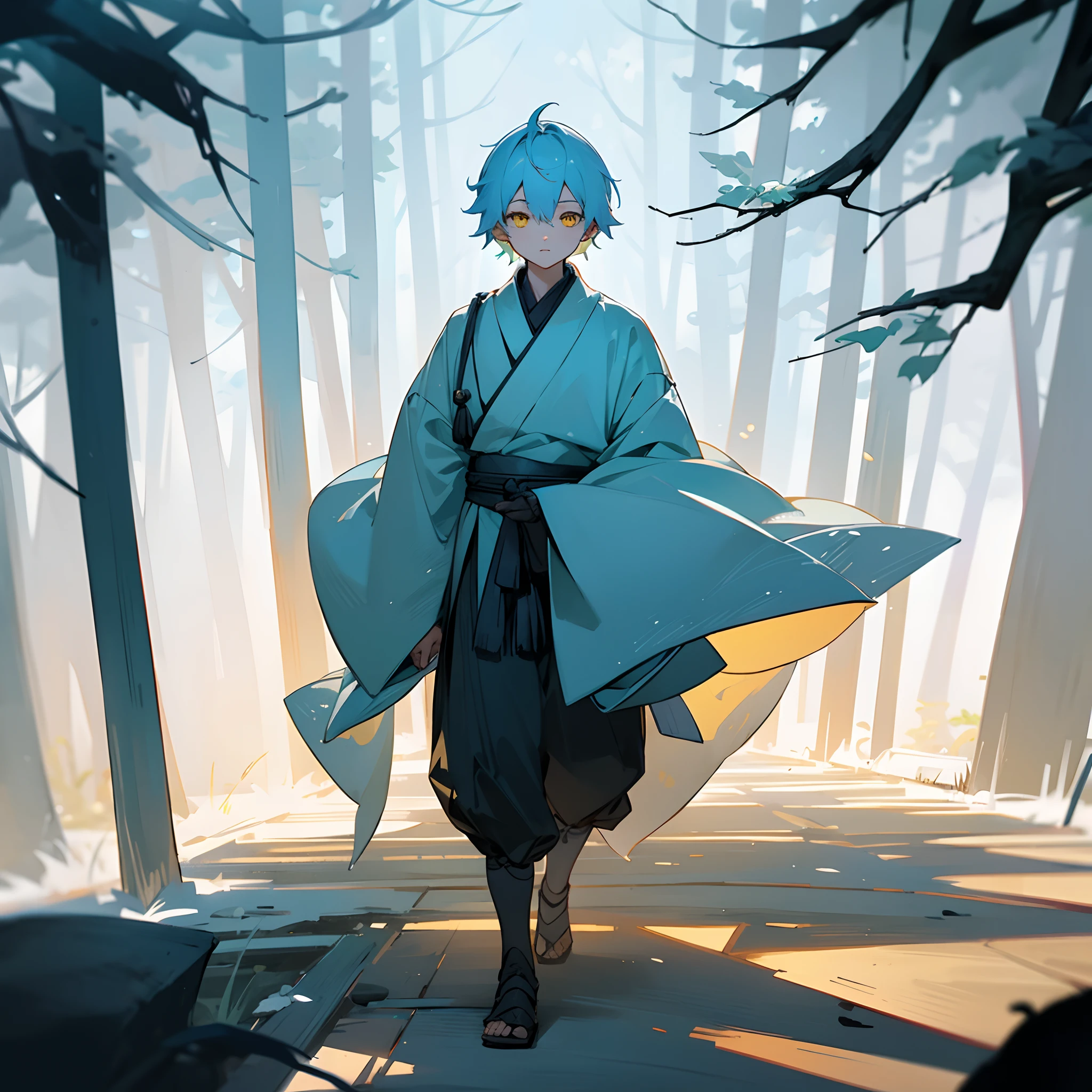 1male, , short light blue hair, finely detailed yellow eyes, loose ronin clothing, walking down path, dark forest, lanterns, best lighting and shadows