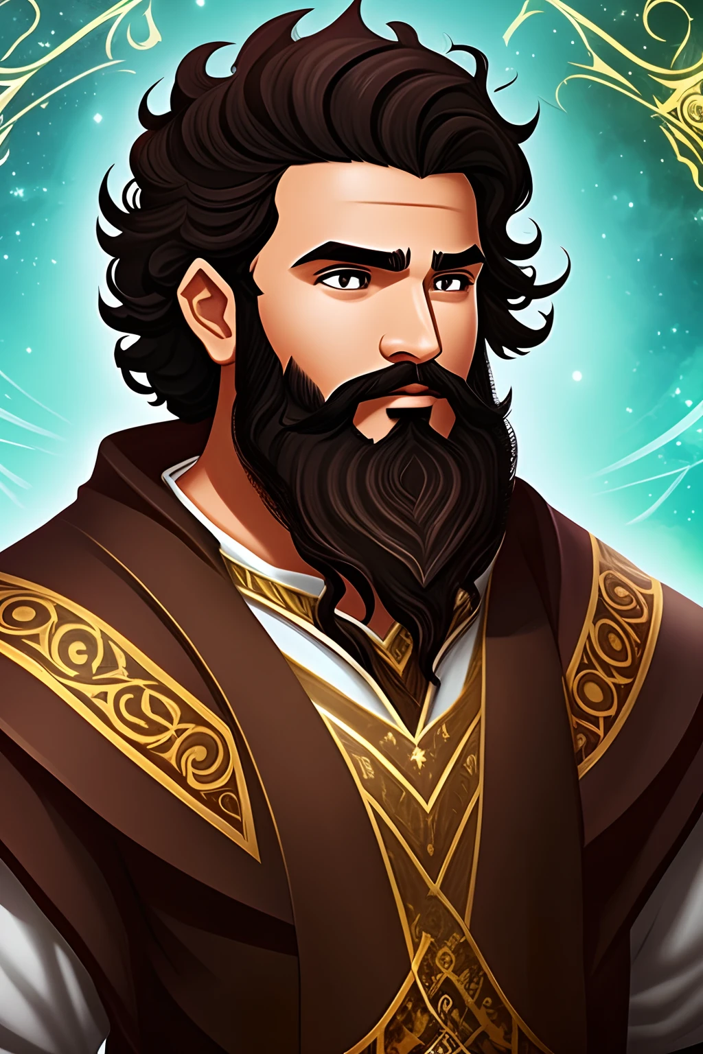 a brown adult cleric with a beard and curly black hair, ensinando uma elfa de cabelos pretos em um mundo de RPG. He teaches MATHEMATICS.