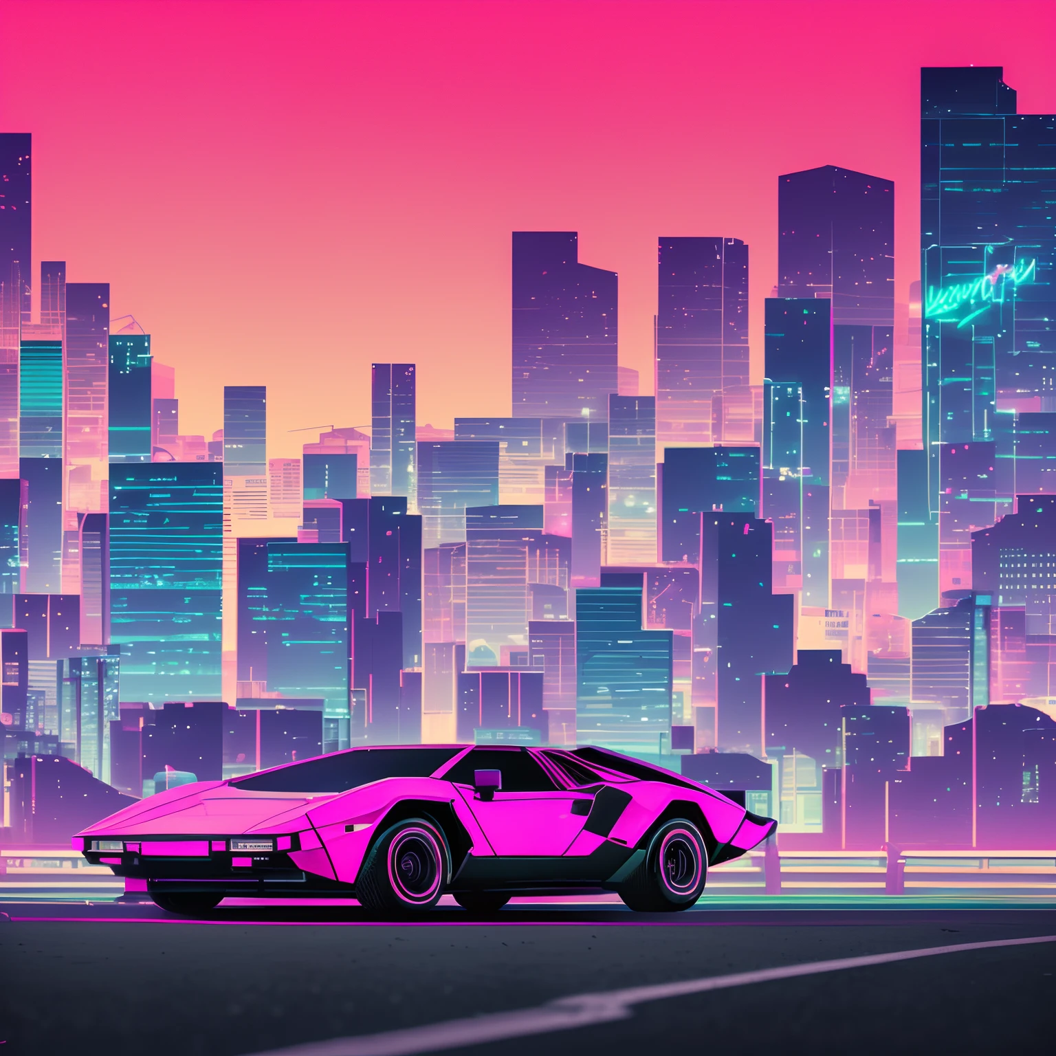 retrowave. 1982 lamborghini countach 500 S model on the road road,  purple neon lights, sun, mountain, 
(masterpiece,detailed,highres), (nvinkpunk: 1.2) supercarro, solo, estilo snthwve, onda de luz, sun sunset, intrincada, altamente detalhada