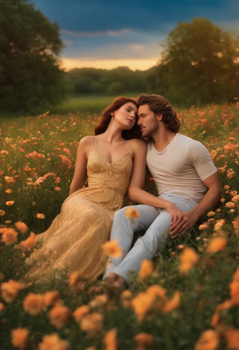 Adam and Eve are lying in a field of flowers, watching the sunset