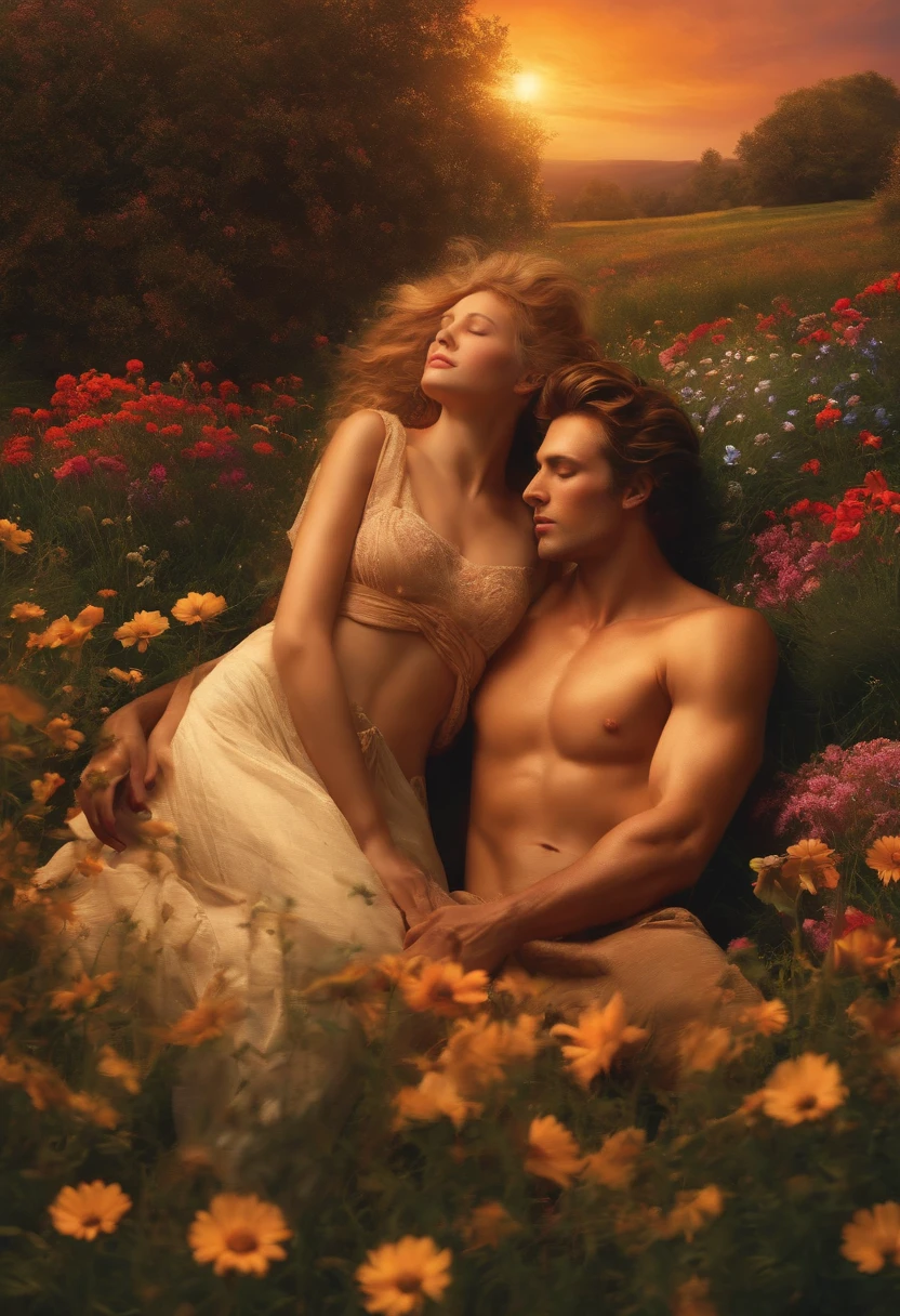 Adam and Eve are lying in a field of flowers, watching the sunset