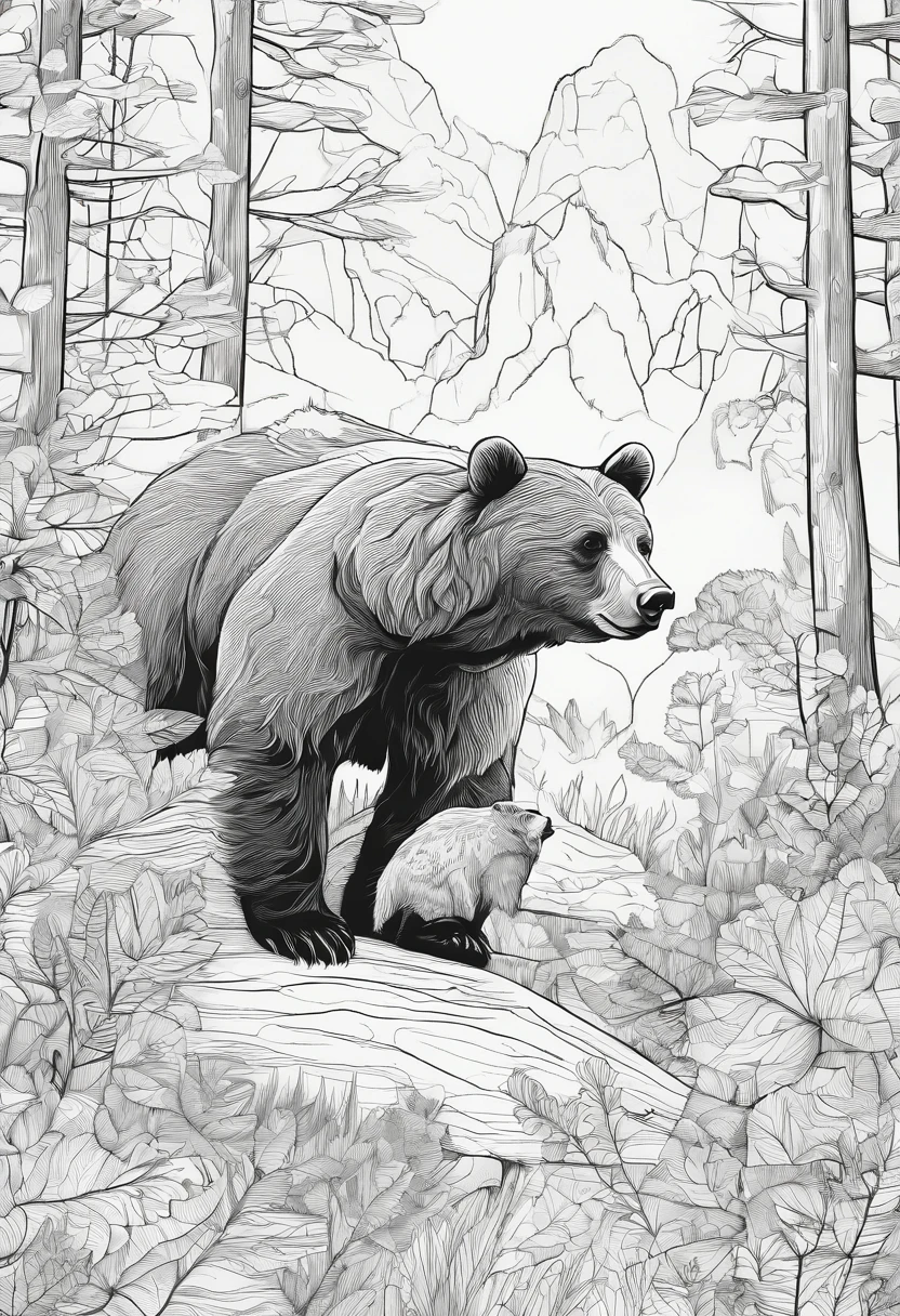 bear in woodland, animal coloring page, kids coloring book, black lines, white background, line art, 2d, realistic