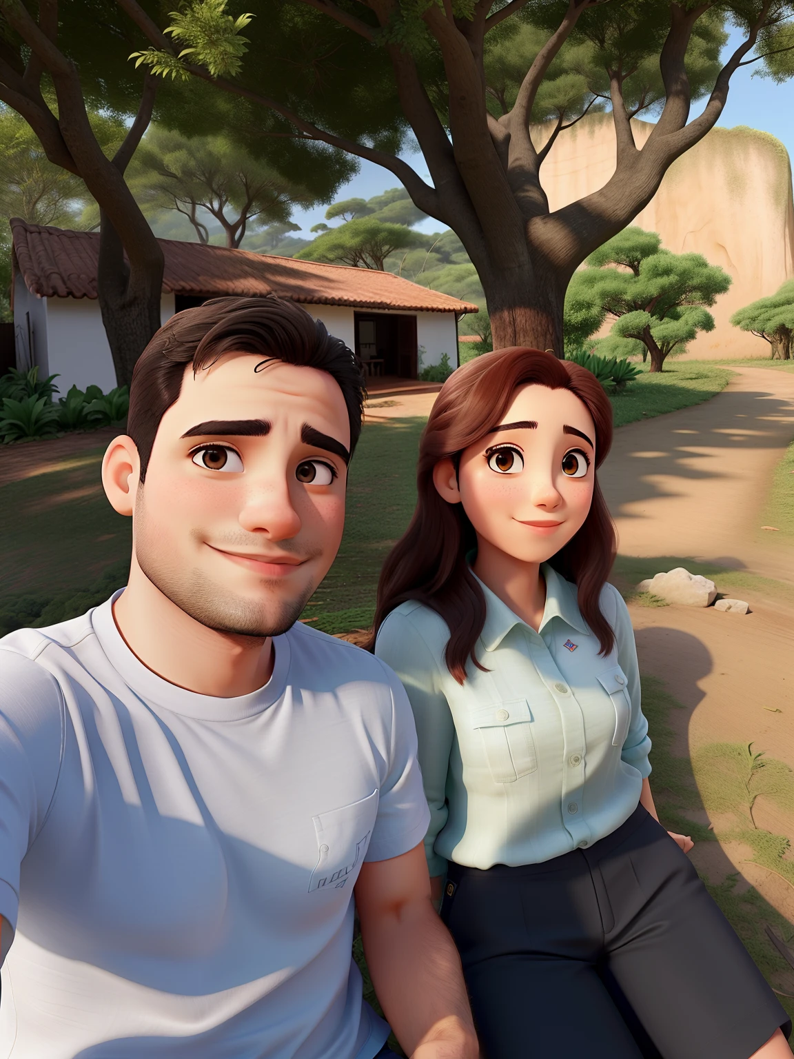 Um casal tirando uma foto na natureza