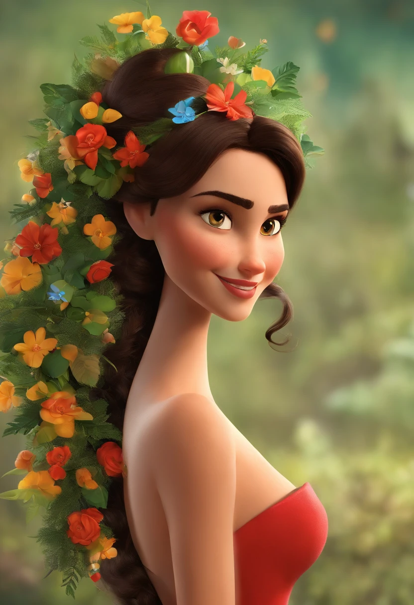 Create a Pixar-style poster She's a brunette, cabelos cacheados na altura dos ombros, sorridente, usando um vestido e eculos, Reminiscent of animated features. Focus on character expressions, cores vibrantes, e texturas altamente detalhadas