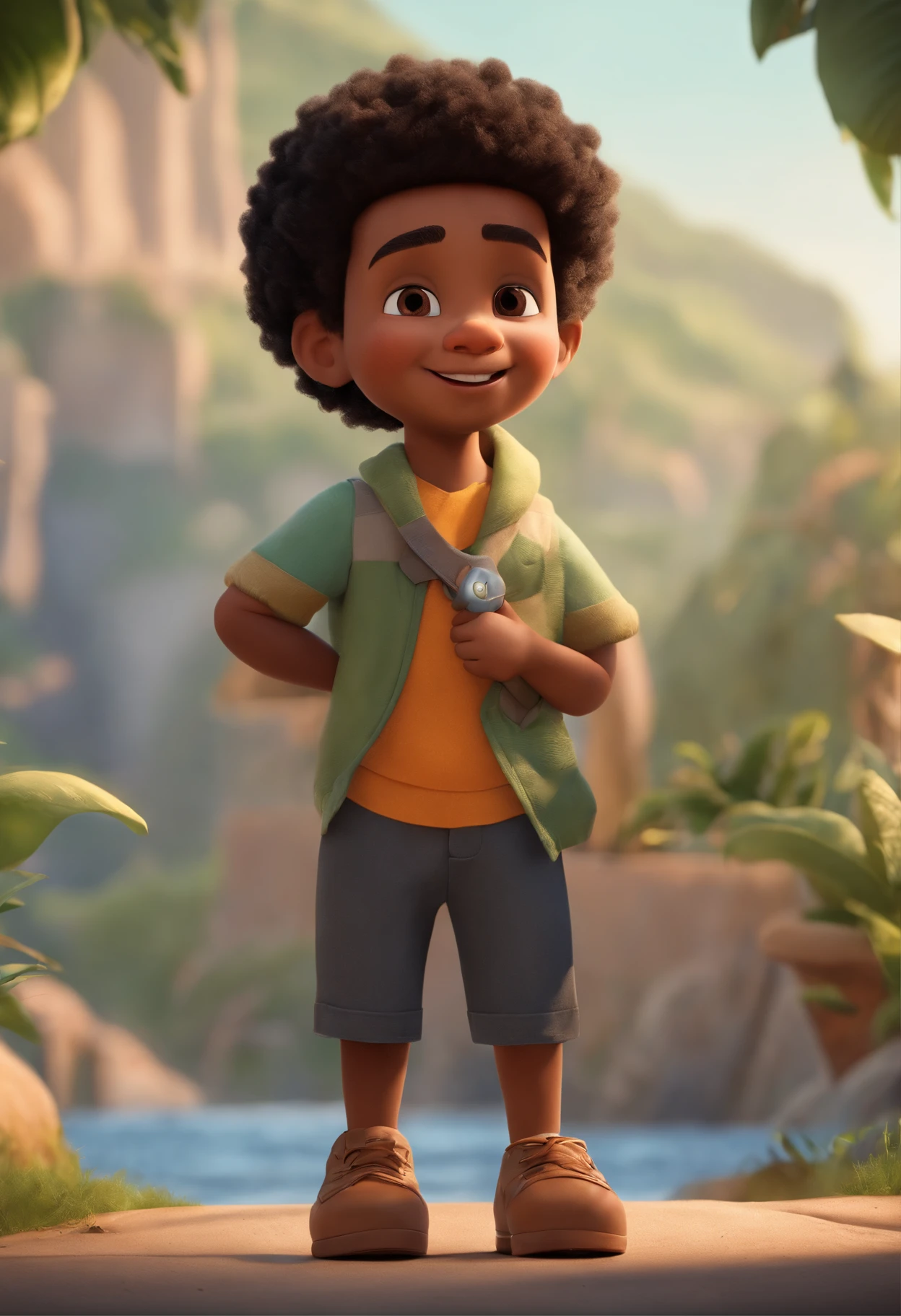 Image of a boy for a story in a YouTube video in Pixar format, He's the little allabester, He's the class leader, He's outgoing, Playful and gets up for a lot of things, cabelo preto liso curto, pele morena, In the background there is a title written by Amykon Desinger