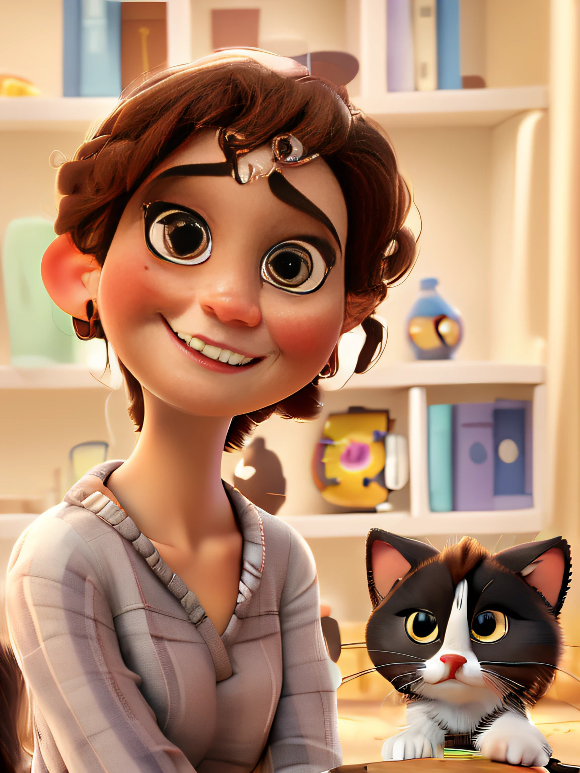 Create a Disney Pixar-themed movie using this image as a base of a woman holding her black and white cat in her arms, Inside a room with books in the foreground and DHE is a white woman with dark curly hair similing with braces and she has a brown eye. Trocar a cor do cabelo da mulher para castanho mais escuro