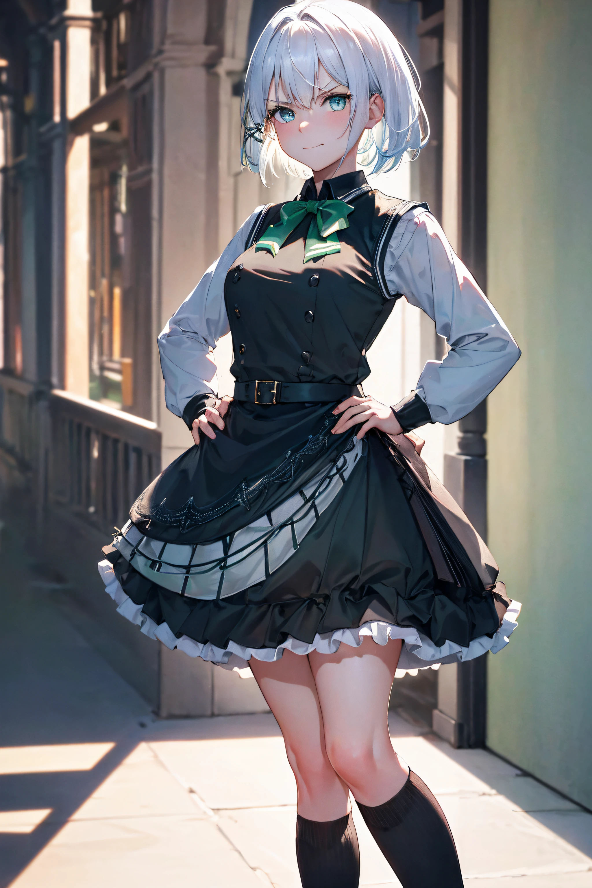 masterpiece, best quality, highres, 1girl white hair blue eyes x hair ornament,(wearing black footwear, kneehighs, green skirt, black socks, loafers, green bow, sweater vest, green ribbon:1.2), standing, leaning forward, (hand on hip, angry, pov :1.2), smile, simple background,NSFW,official art,extremely detailed CG unity 8k wallpaper, perfect lighting, (masterpiece:1.0),(best_quality:1.0), ultra high res,4K,ultra-detailed, photography, 8K, HDR, highres, absurdres:1.2, Kodak portra 400, film grain, blurry background, bokeh:1.2, lens flare, (vibrant_color:1.2),(beautiful_face:1.5),(narrow_waist),(perfect hands, perfect anatomy),