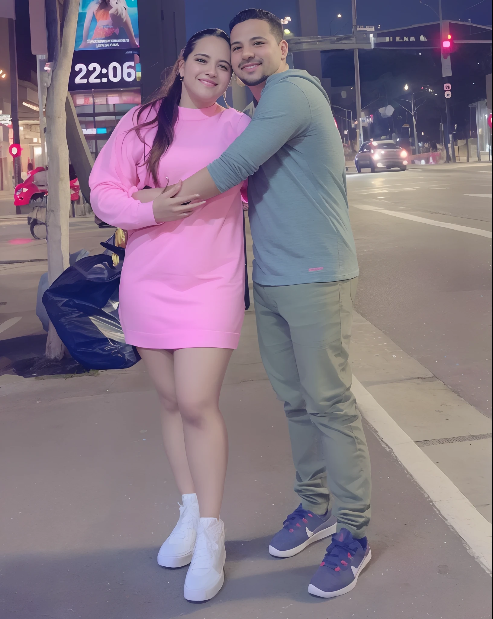 They're standing on the corner hugging each other, foto de rua, par, nigth, taken in the night, they are in love, Lovely couple, tomada em 2 0 2 0, usando um capuz rosa, night time, na rua da cidade, Boa noite, na cidade, Upload de alta qualidade, pose de casal, usando um vestido rosa