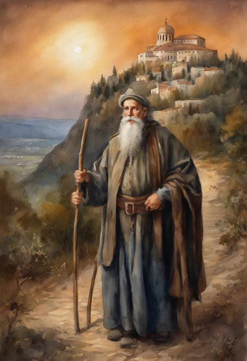 A guardian(mature man:1.3), soil, beard, stern look, (monastery), man observes the monastery from the hill, magic, fantasy, moon and stars in the background, ((masterpiece)), (high quality) , (best quality), (detailed), perfect night lighting, detailed face, detailed body, full carriage