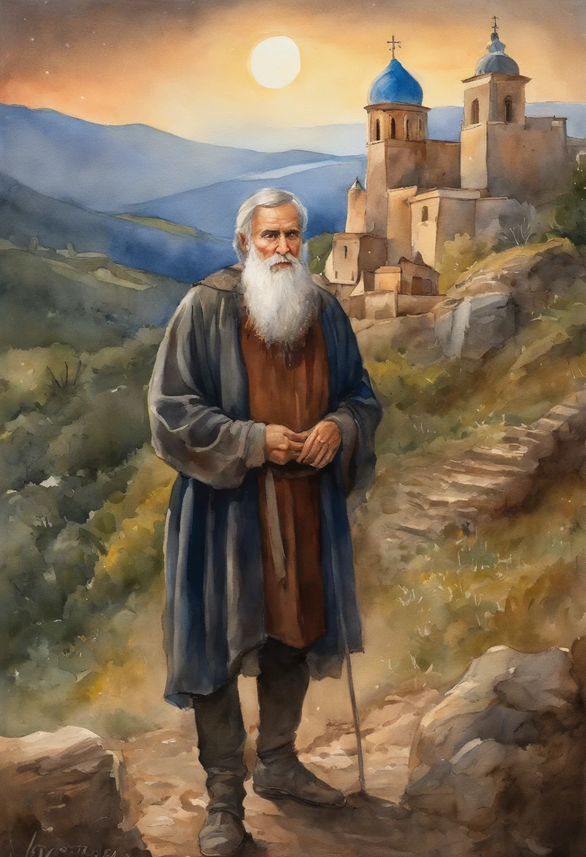 A guardian(mature man:1.3), soil, beard, stern look, (monastery), man observes the monastery from the hill, magic, fantasy, moon and stars in the background, ((masterpiece)), (high quality) , (best quality), (detailed), perfect night lighting, detailed face, detailed body, full carriage