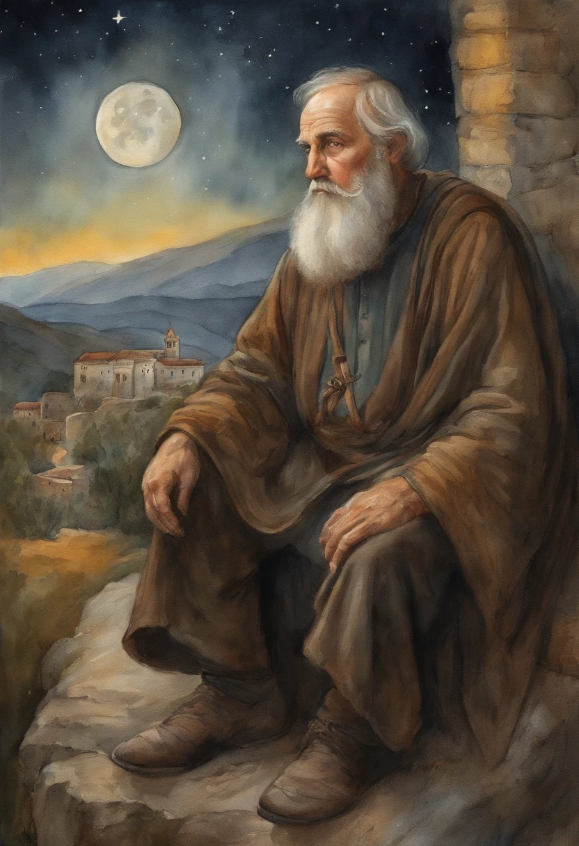 A guardian(mature man:1.3), soil, beard, stern look, (monastery), man observes the monastery from the hill, magic, fantasy, moon and stars in the background, ((masterpiece)), (high quality) , (best quality), (detailed), perfect night lighting, detailed face, detailed body, full carriage