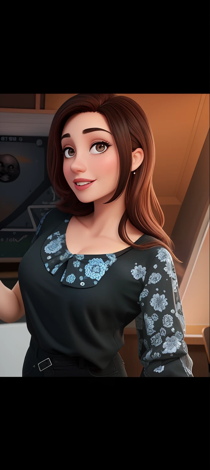 Uma mulher de 25 anos, com longos cabelos castanhos escuros , Rosto redondo, sorriso encantador, e olhos castanhos, In a classroom, studio lighting, sign language interpreter and sign language teacher. She's wearing black clothes, blouse and black jeans