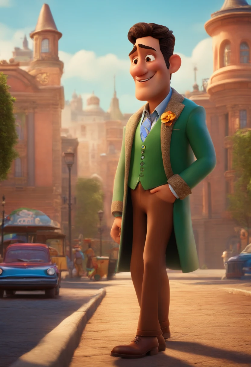 A city councilman looking at a dream project inspired by Pixar animation, de perto. The character takes center stage with captivating facial expressions, oferecendo um toque de irrealidade