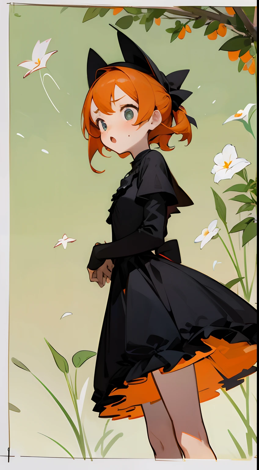 (:o),cute girl, simple, surprised, wallpaper, orange hair,black dress, curiosity,standing, on a garden