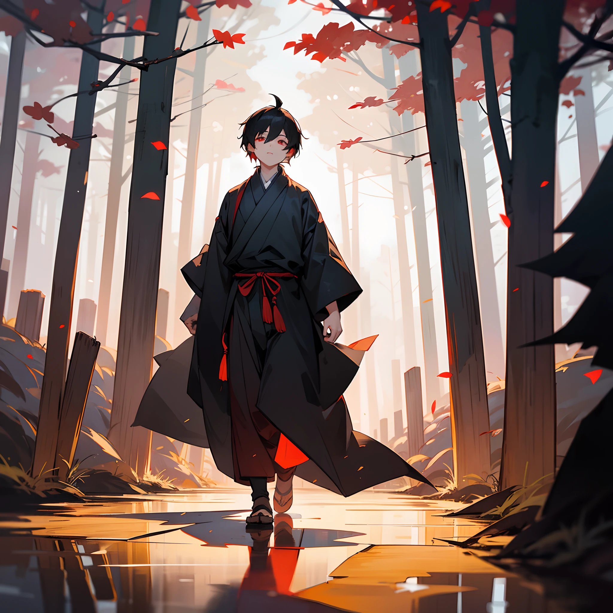 1male, child, short black hair, finely detailed red eyes, loose ronin clothing, walking down path, dark forest, lanterns, best lighting and shadows