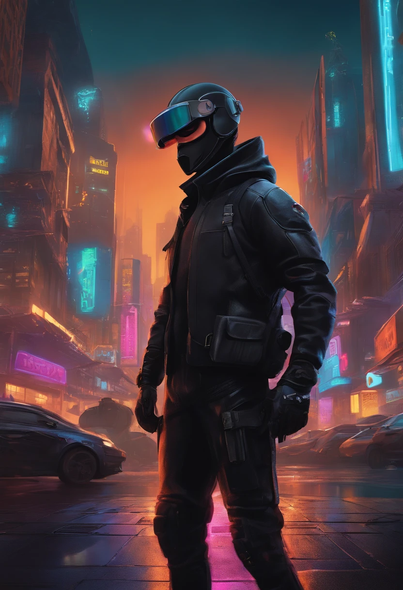 Cartoon Disney Pixar character of a man in all black with black helmet in a cyberpunk city