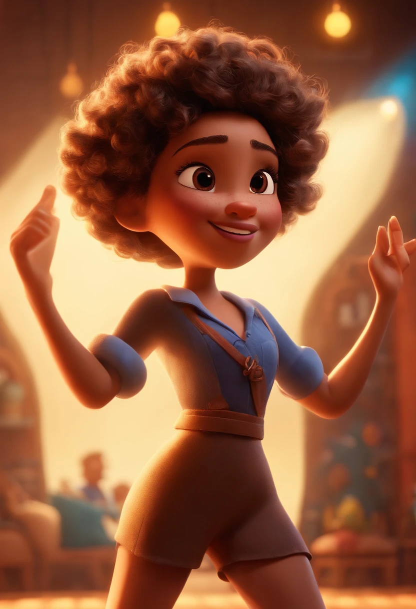 Pixar style image with 3D character white glasses dark blonde woman short curly hair dancing, Maquiagem Disney,Pescador, bonitinho, sorridente ,Close-up, Pixar, Disney, Cinema lighting,