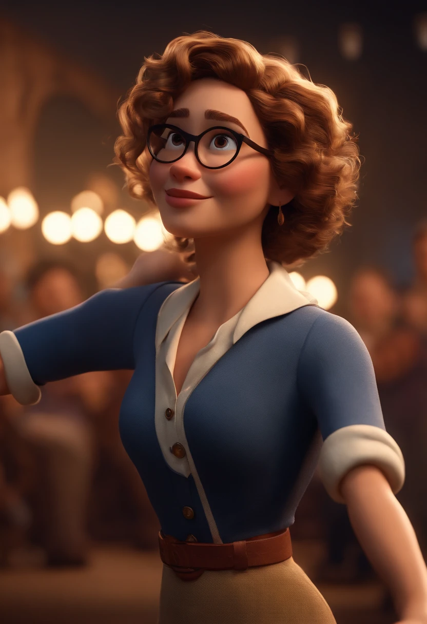 Pixar style image with 3D character white glasses dark blonde woman short curly hair dancing, Maquiagem Disney,Pescador, bonitinho, sorridente ,Close-up, Pixar, Disney, Cinema lighting,