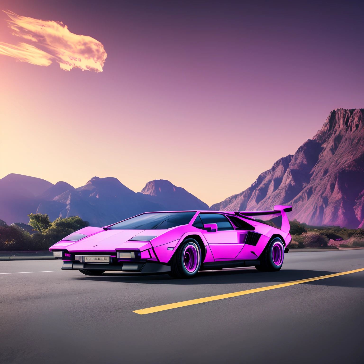 retrowave. 1982 lamborghini countach 500 S model on the road road,  purple neon lights, sun, mountain, 
(masterpiece,detailed,highres), (nvinkpunk: 1.2) supercarro, solo, estilo snthwve, onda de luz, sun sunset, intrincada, altamente detalhada