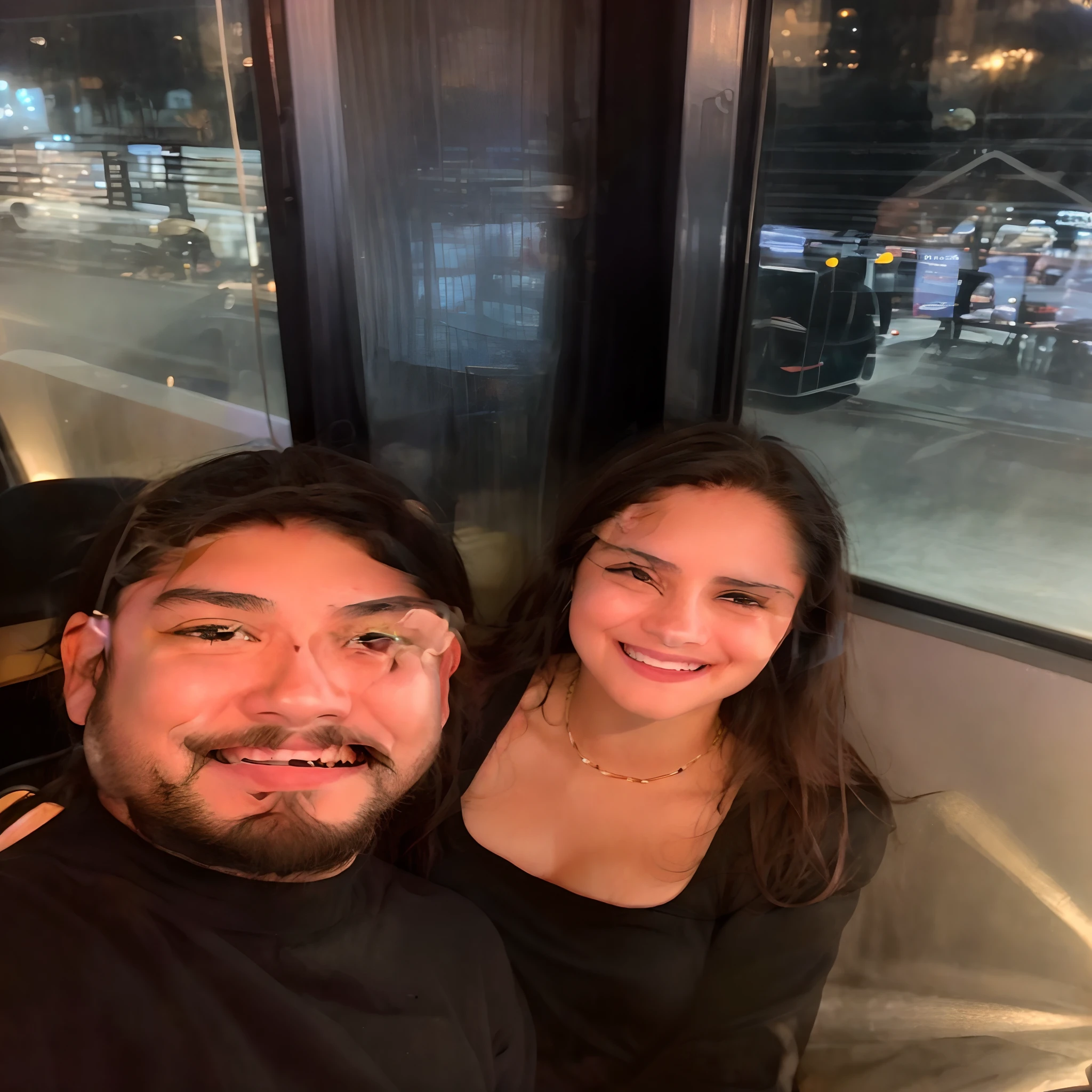 They're sitting on a bus and smiling at the camera, taken in the early 2020s, Fotografia tirada em 2 0 2 0, imagem de perfil, Postagem no Reddit, Karla Ortiz, photo taken at night, foto do perfil, foto de perfil headshot, Directed by: Niko Henrichon, momma and papa, fotografia tirada em 2 0 2 0, facebook post, at night
