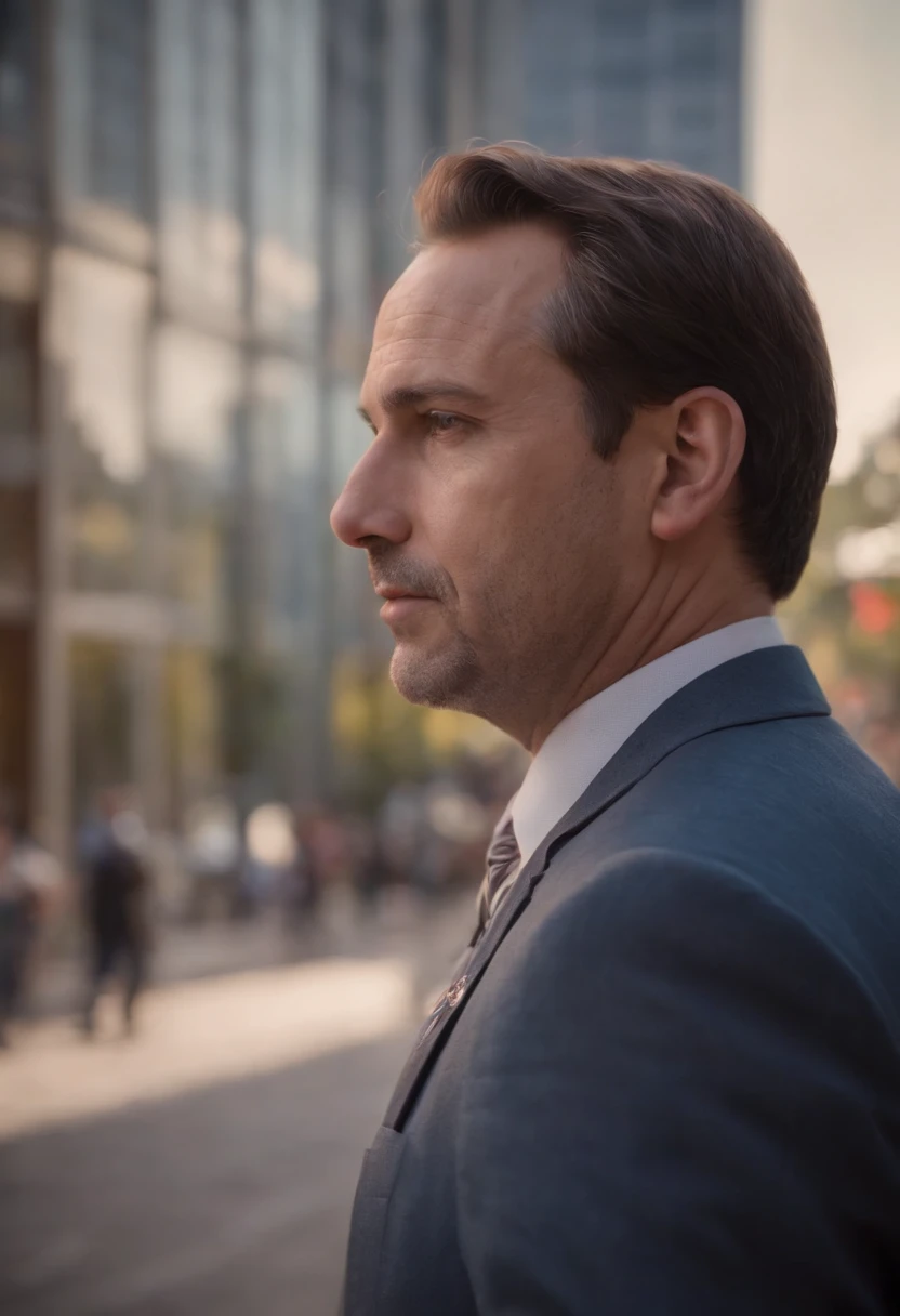 A city councilman looking at a dream project inspired by Pixar animation, de perto. The character takes center stage with captivating facial expressions, oferecendo um toque de irrealidade